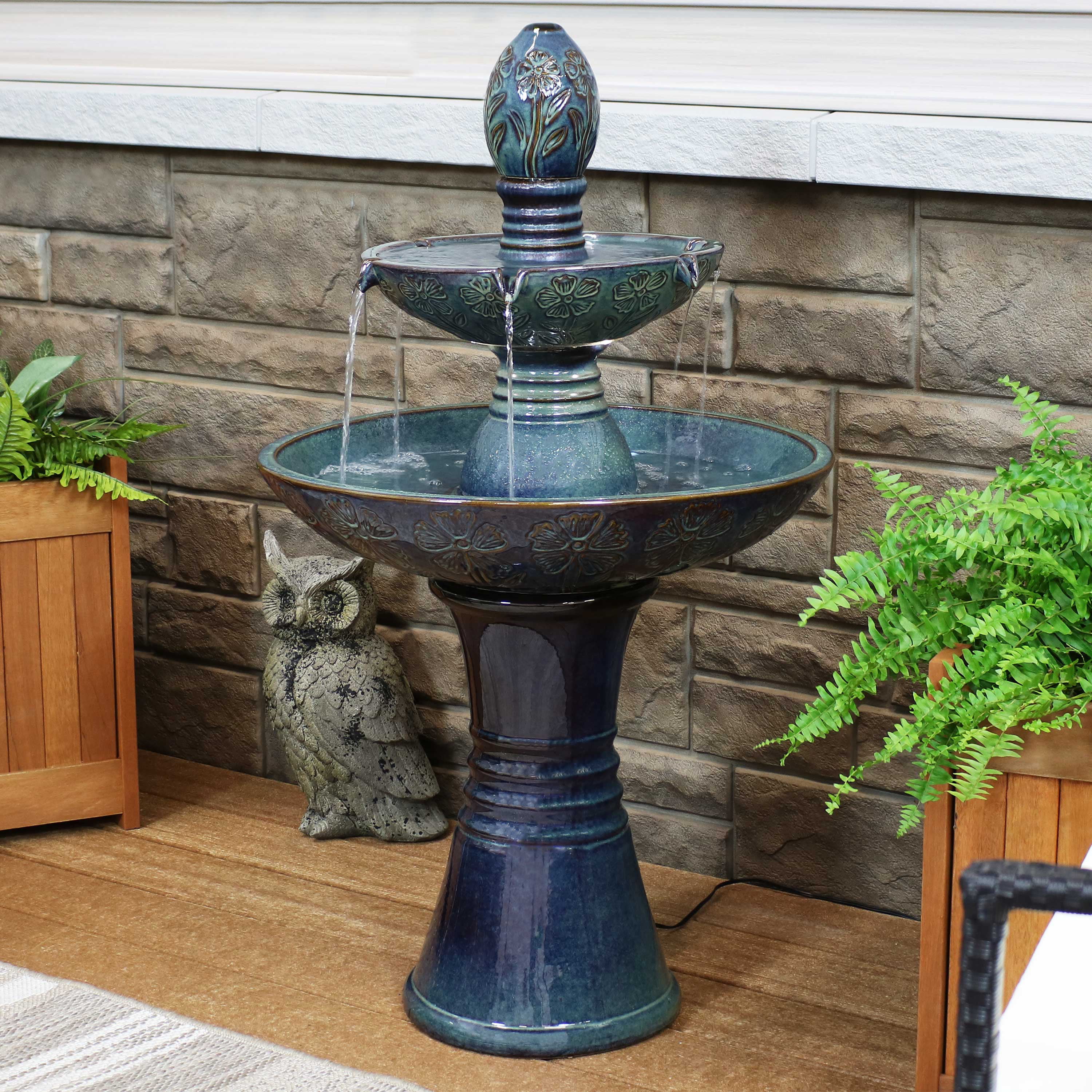 Sunnydaze Double Tier Outdoor Ceramic Fountain with LED Lights - 38