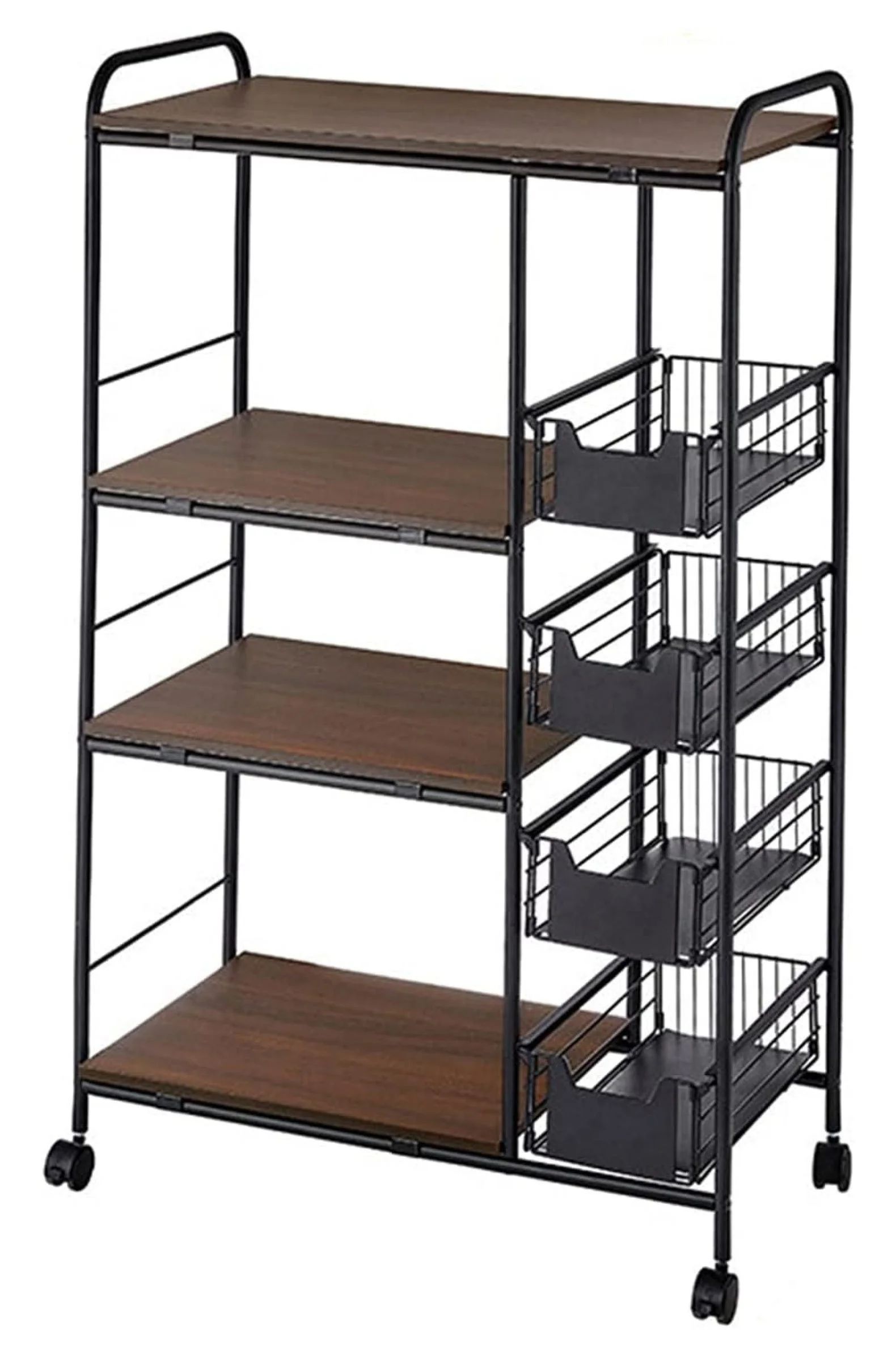 Rolling Baker’s Rack Kitchen Utility Cart, Coffee Bar with Wire Basket Microwave Oven Stand Carts Organizer Wine Glass Holder 4-Tier+4-Tier Shelves Kitchen Island Rack with Lockable Wheels