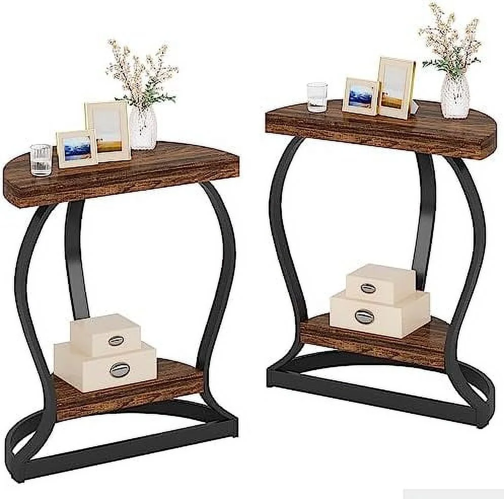 WTYNKAE Half-Round End Table Set of Two  2-Tier Wooden Half   Semi Circle Accent Table Bedside Table with Thicken Tabletop for Living Room  Bedroom (Rustic Brown)