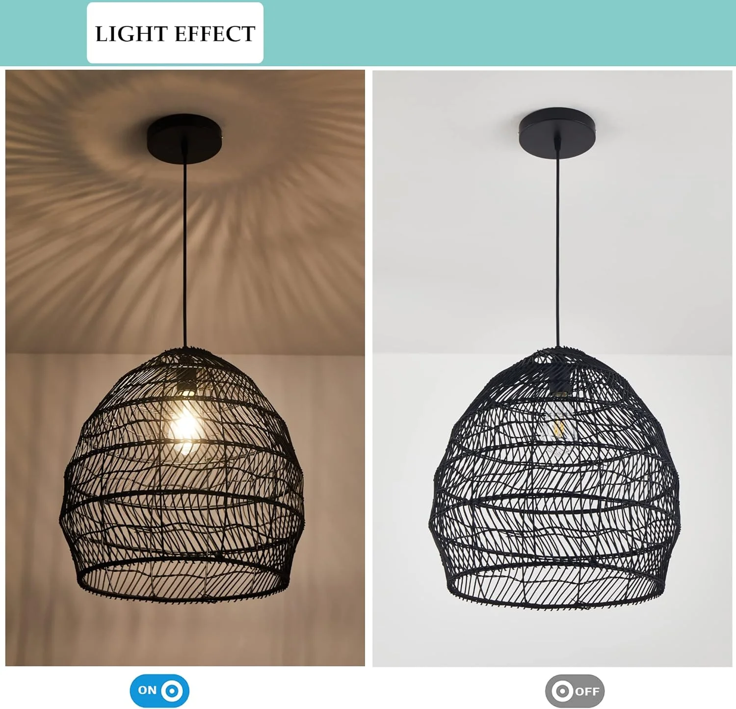 Bamboo Pendant Light Fixture Boho Style 1 Lights Rattan Pendant Lamp Woven Hanging Light for Kitchen Island Nursery in Black(17.7