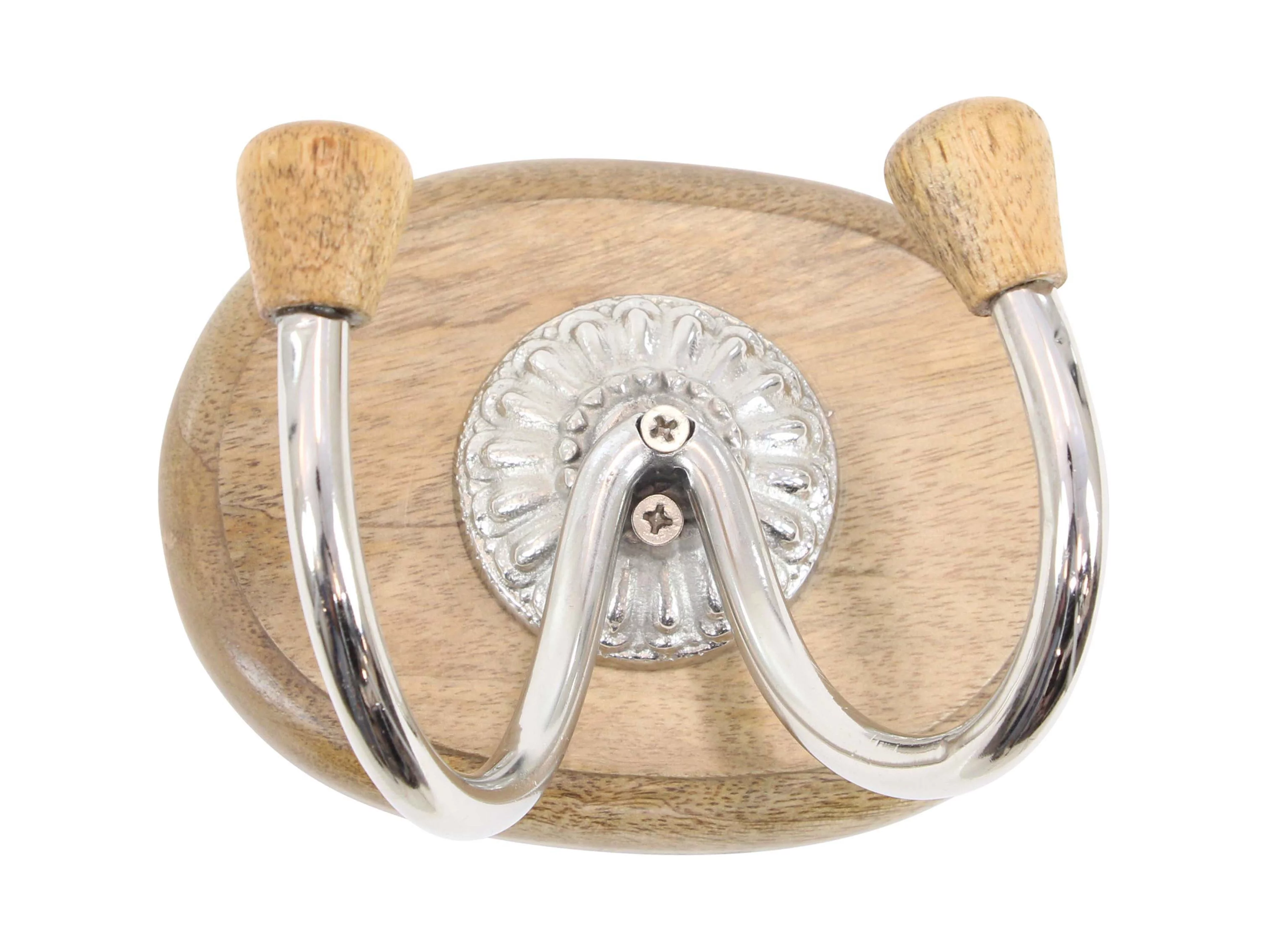 DecMode Contemporary 4 X 6 Inch Chic Aluminum and Mango Two-Pronged Wall Hook, Brown