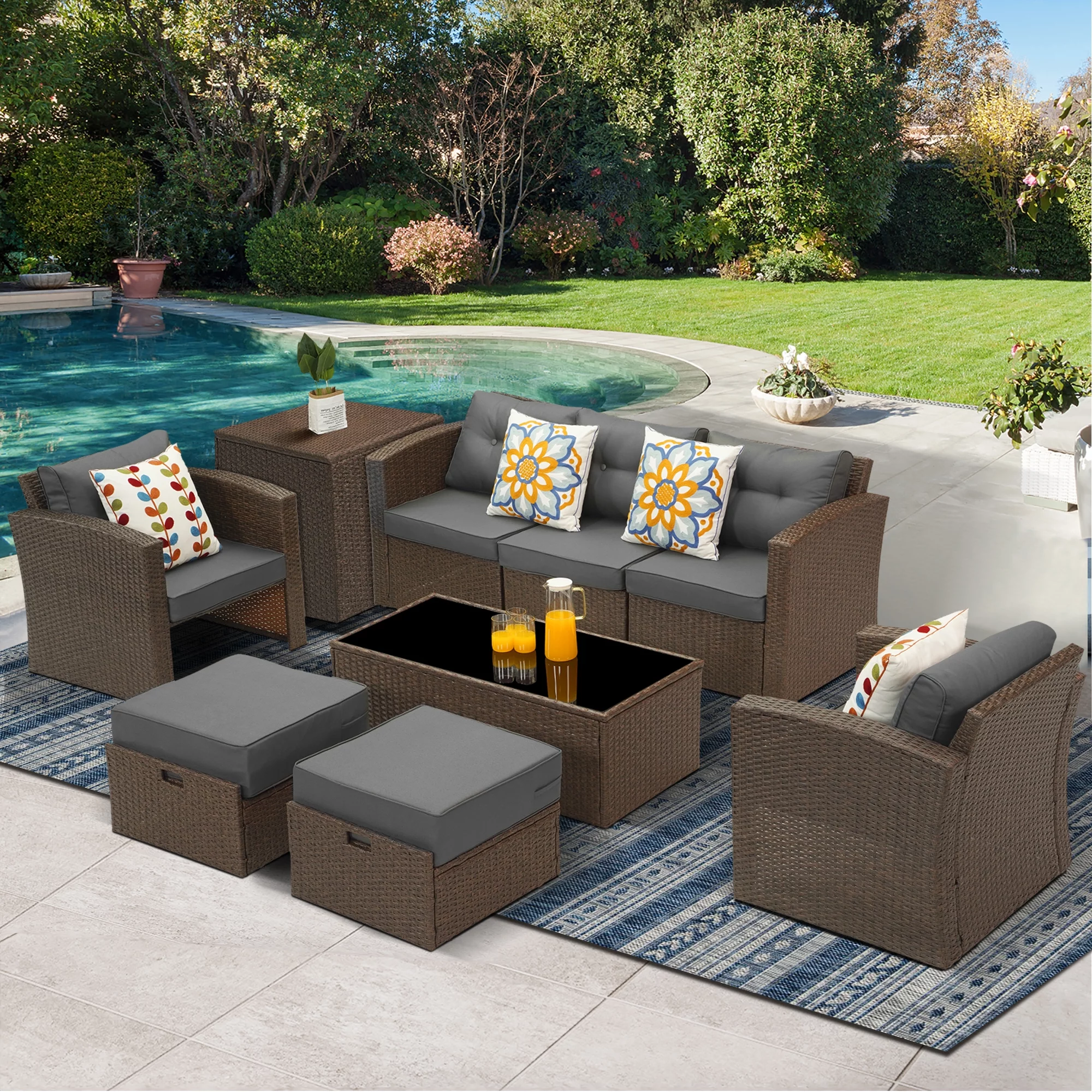 Royalcraft 9 Pieces Outdoor Furniture Set Patio Rattan Wicker Sectional Sofa Conversation Set with Storage Box,Aluminum Frame,Brown