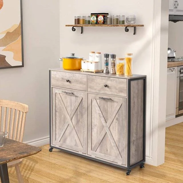 Double Tilt Out Trash Can Cabinet 20 Gallon Kitchen Storage Can Holder W/ Drawer