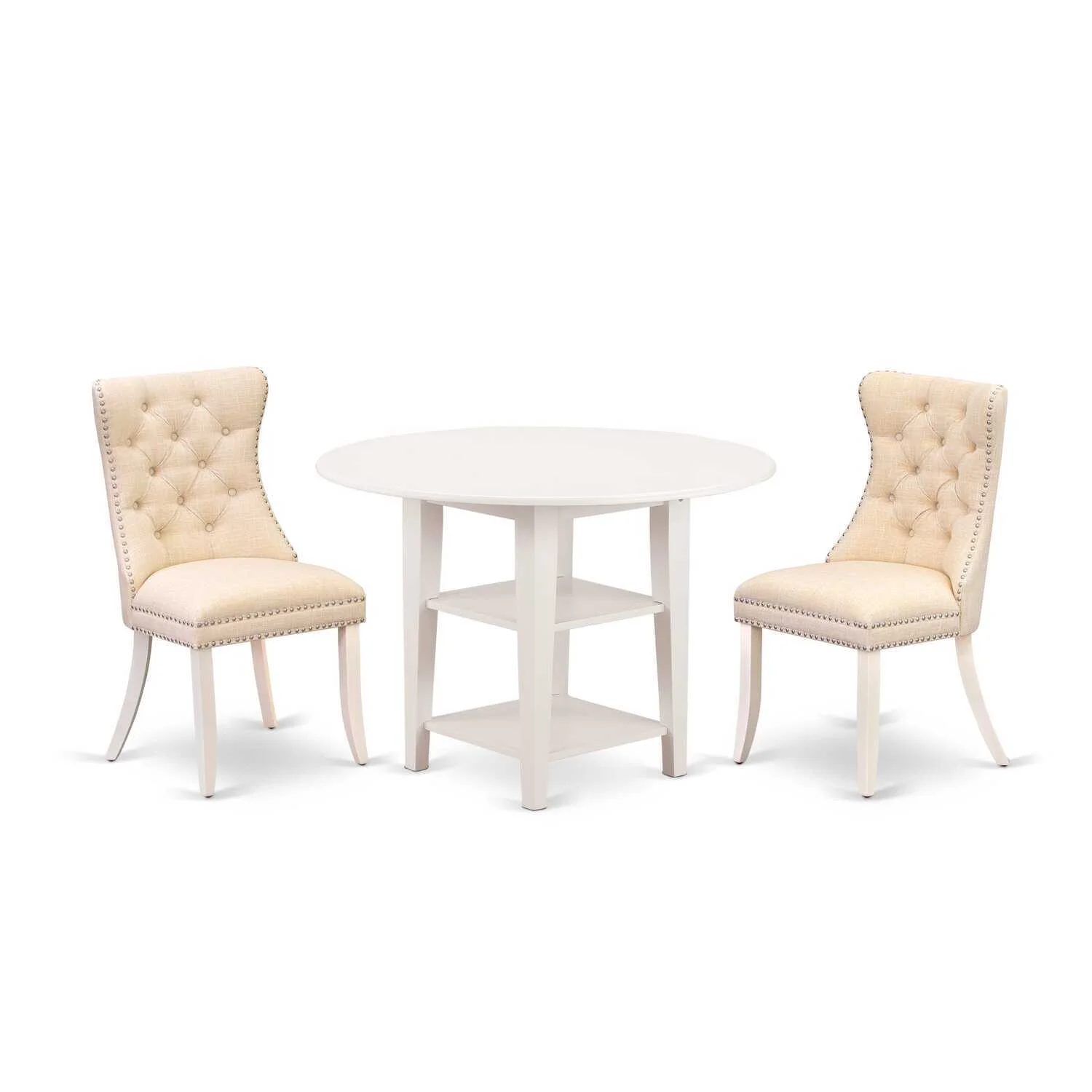 HomeStock Retro Renaissance 3 Piece Dining Set Includes A Round Kitchen Table With Dropleaf & Shelves And 2 Upholstered Chairs, Linen White