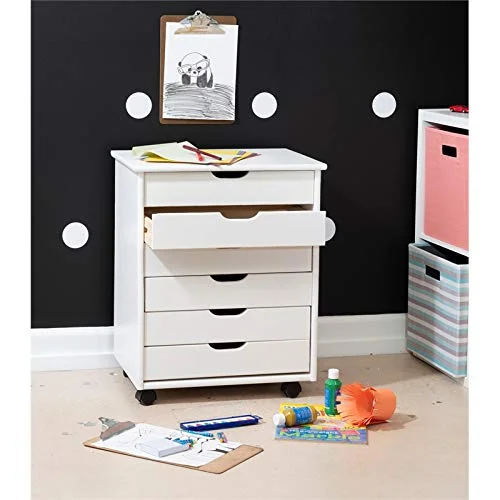 Riverbay Furniture Six Drawer Wide Wood Rolling Cart in White Wash