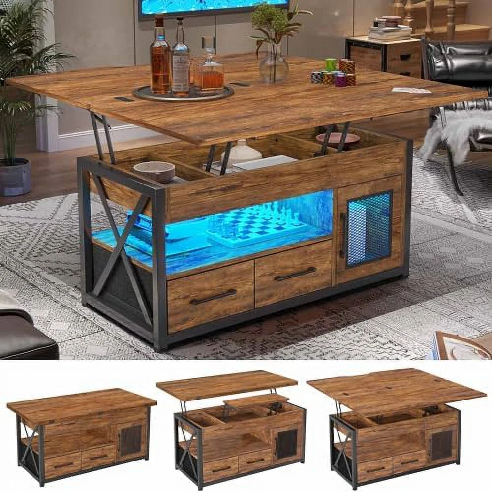 xrboomlife 40" Lift Top Coffee Table  4 in 1  with  Cabinet for Living Room  Small Farmhouse Coffee Table with 2 Fabric Drawers & LED Light for Dining Room  Rustic Brown