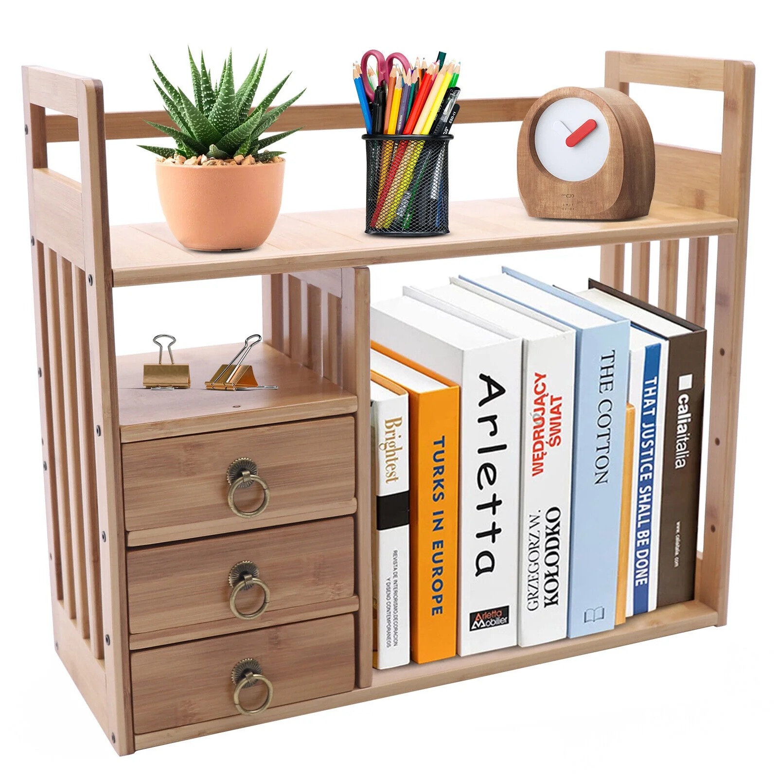 Wood Storage Rack Desktop Bookshelf Desk Organizer Tabletop Display Shelf New