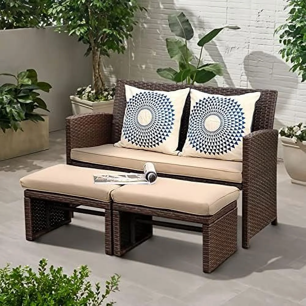 TQJKLFDY Outdoor Loveseat 3 Piece Patio  Set Outdoor Conversation Set All-Weather Wicker Love Seat with Ottoman/  Brown Rattan  Blue