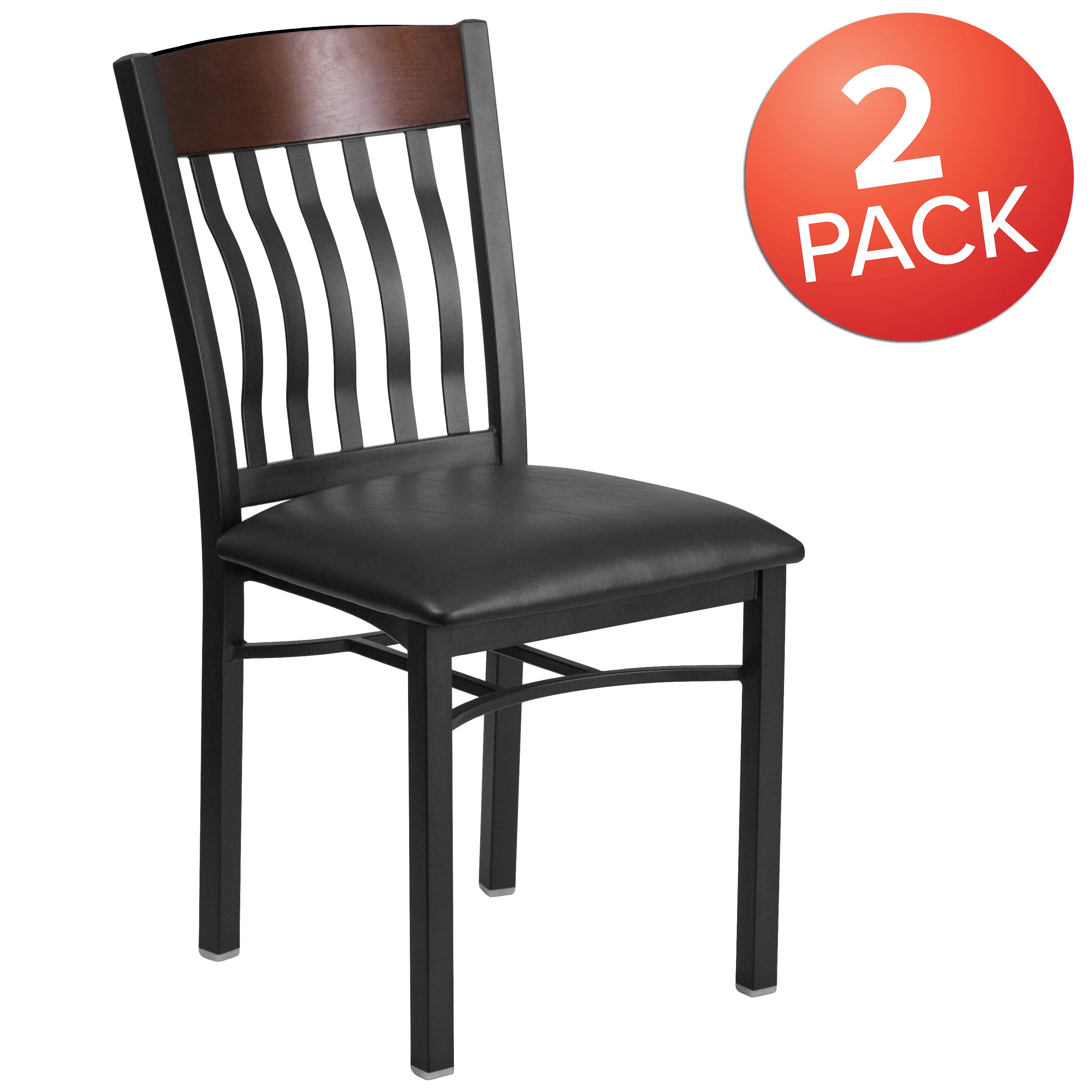 Flash Furniture 2 Pack Eclipse Series Vertical Back Black Metal and Walnut Wood Restaurant Chair with Black Vinyl Seat