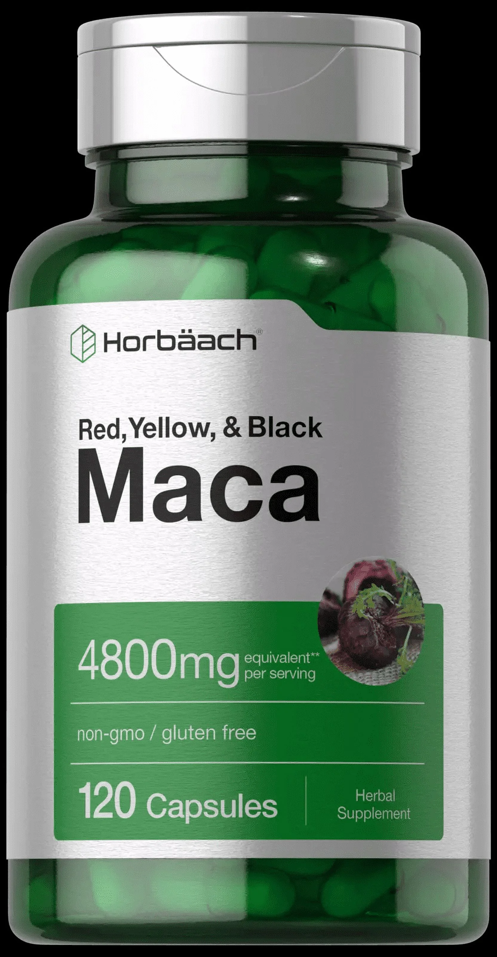 Horbaach Maca Root Capsules 4800mg Red, Yellow, Black Maca 120 Pills