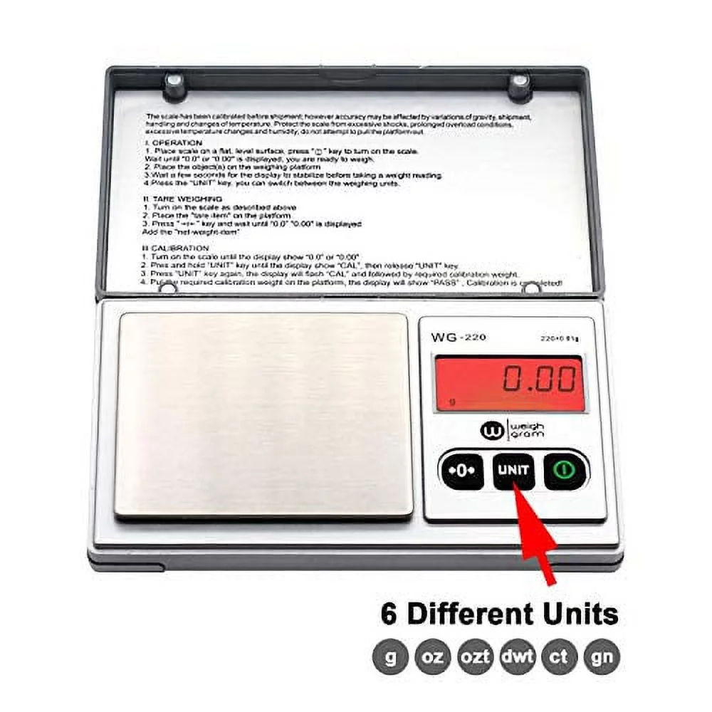 Gram Scale 220g/ 0.01g, Digital Pocket Scale 100g calibration weight,Mini Jewelry Scale, Kitchen Scale,6 Units Conversion, Tare & LCD Display, Auto Off, Rechargeable Battery