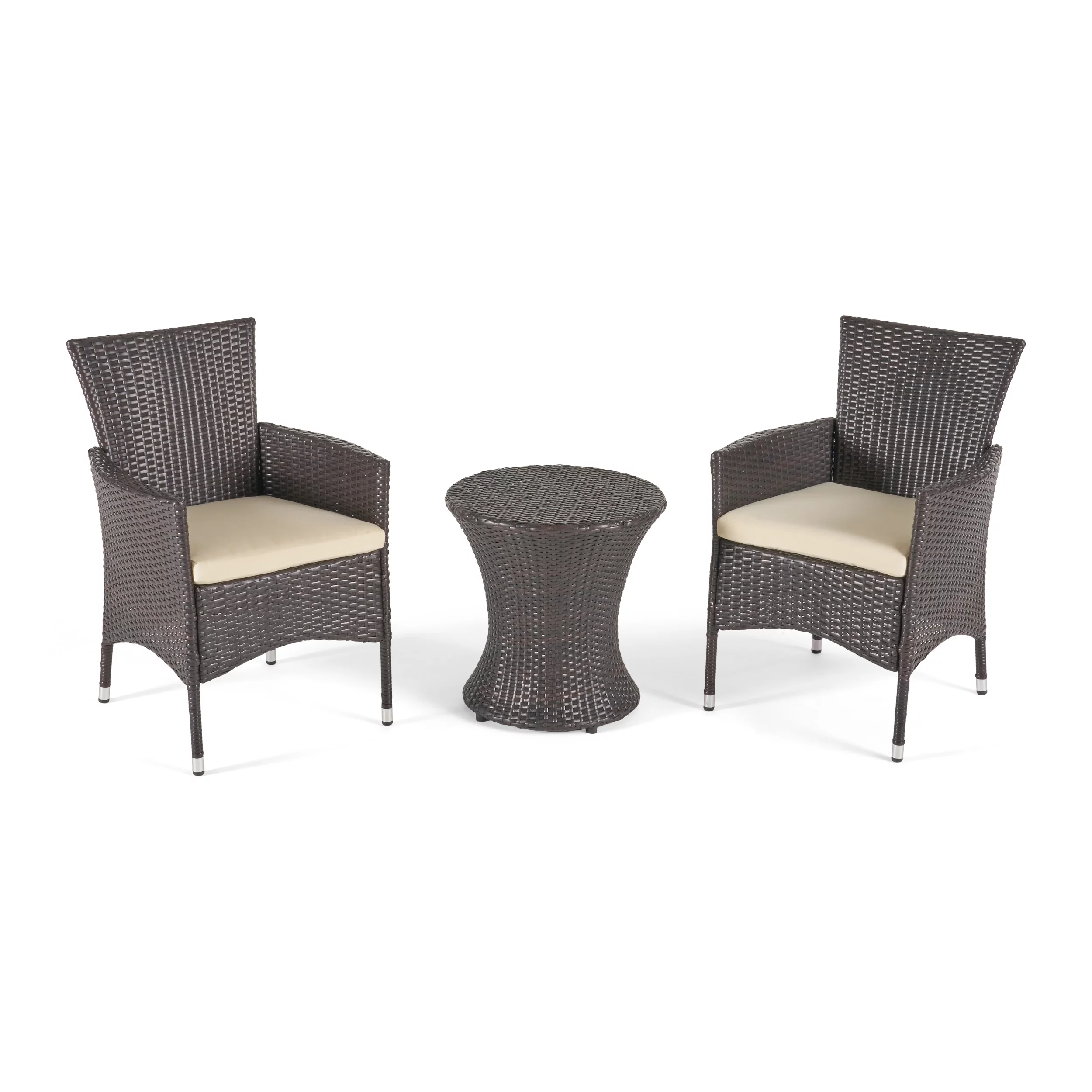 Polina Outdoor Wicker 3 Piece Chat Set with Cushions, Multibrown, Beige