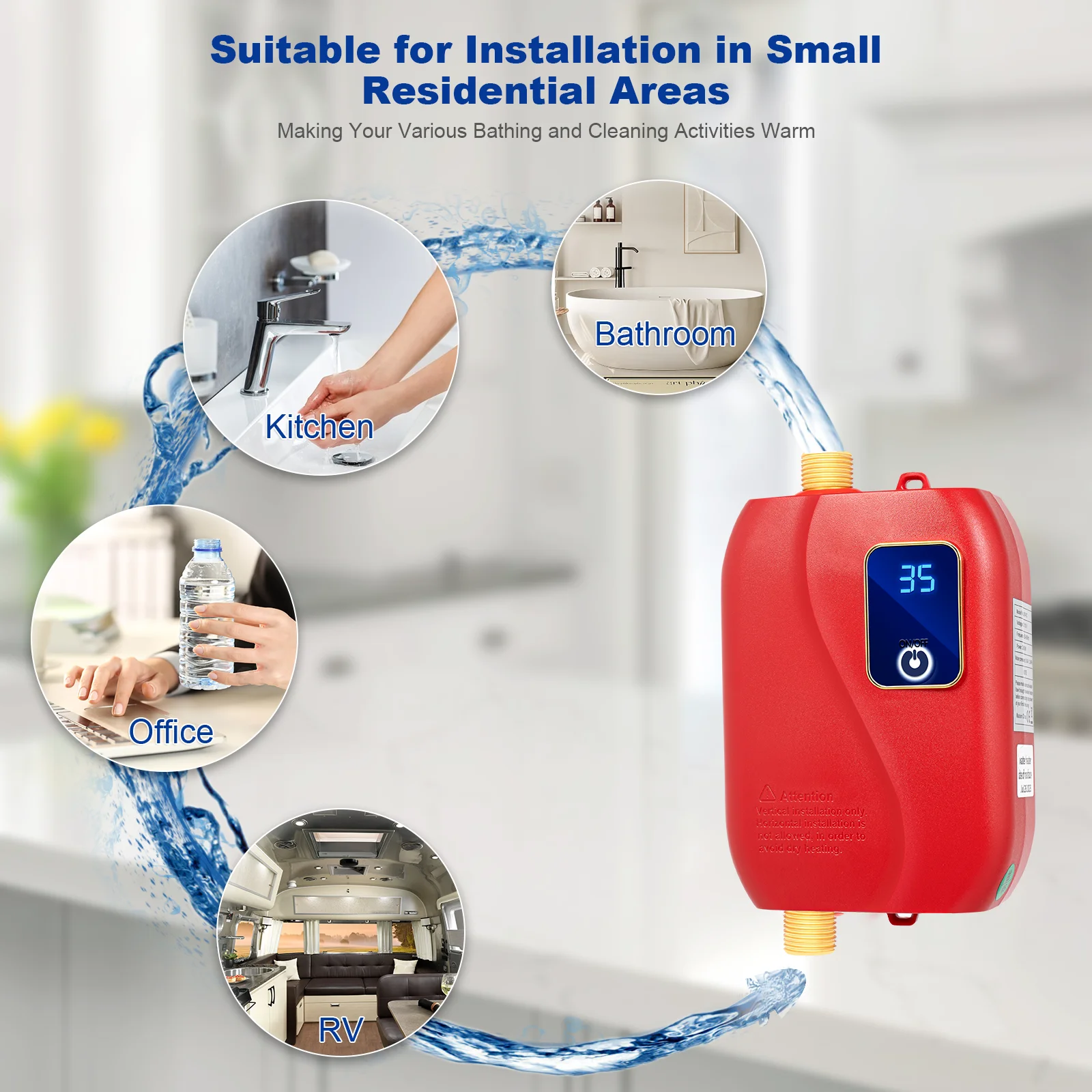 110V 3000W Mini Electric Tankless Instant Hot Water Heater Bathroom Kitchen Red 20-50℃/68-122℉