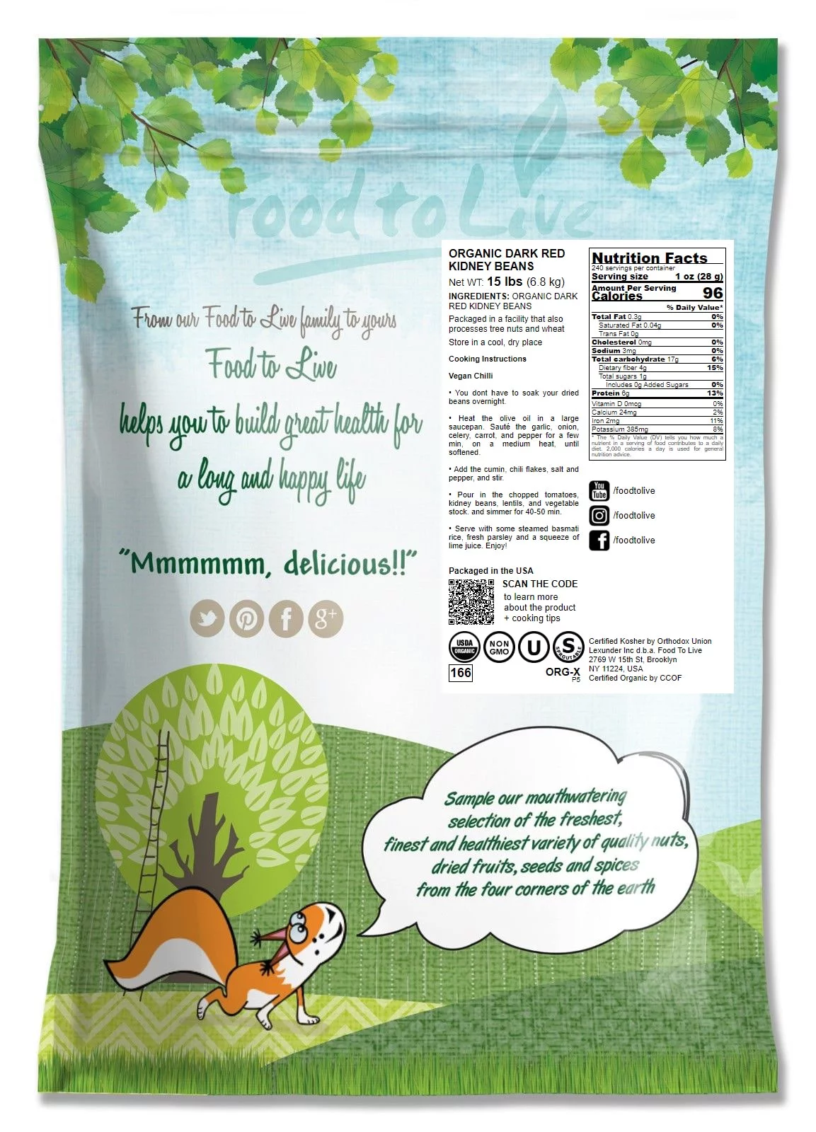 Organic Dark Red Kidney Beans, 15 Pounds — Non-GMO, Sproutable, Kosher, Raw, Vegan — by Food to Live