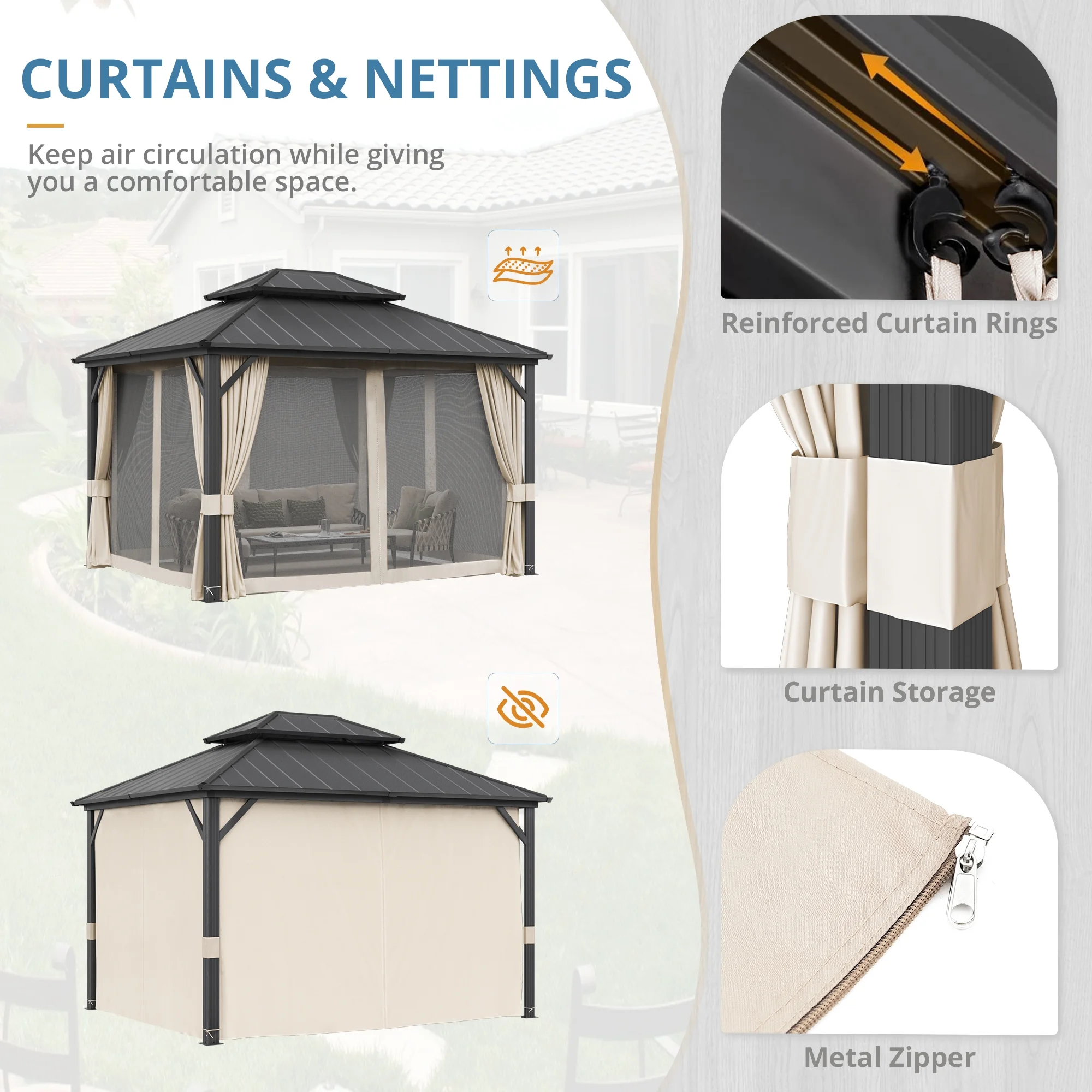 Dycanpo Hardtop Gazebo with Nettings Curtains, Galvanized Steel Double Roof Pergola,10'x12',Black