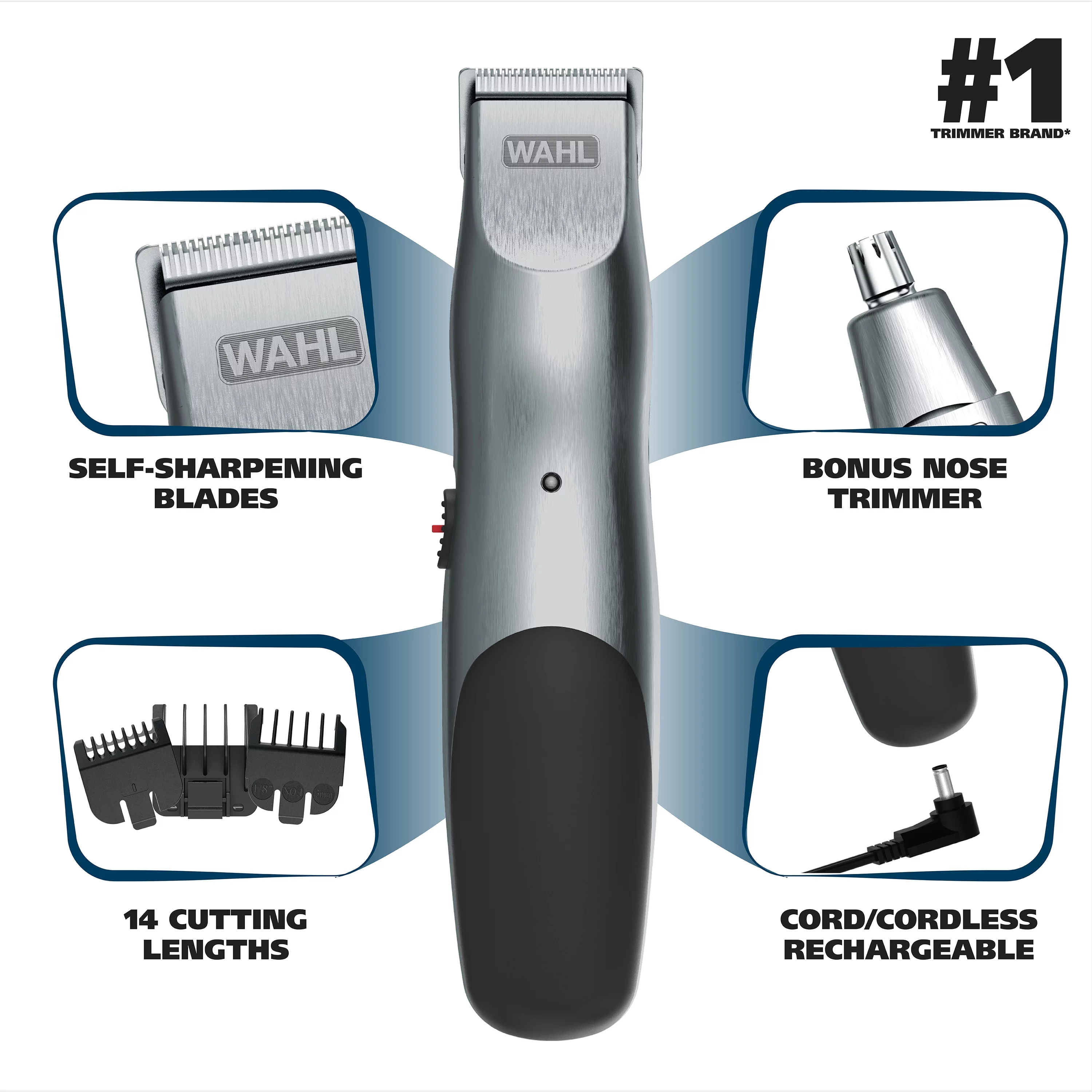 Wahl Groomsman Battery Cord/Cordless Beard Trimmer Kit, Men, 17pc, Satin Nickel - 5623