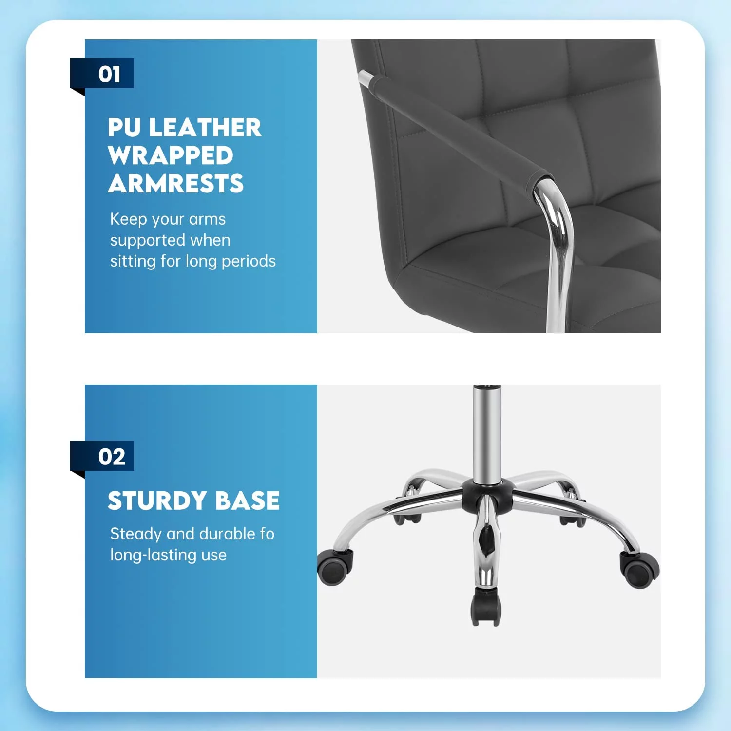 FDW Home Desk Chair PU Leather Makeup Chair with Armrest/Wheel 360°Swivel Height Adjustable,Grey