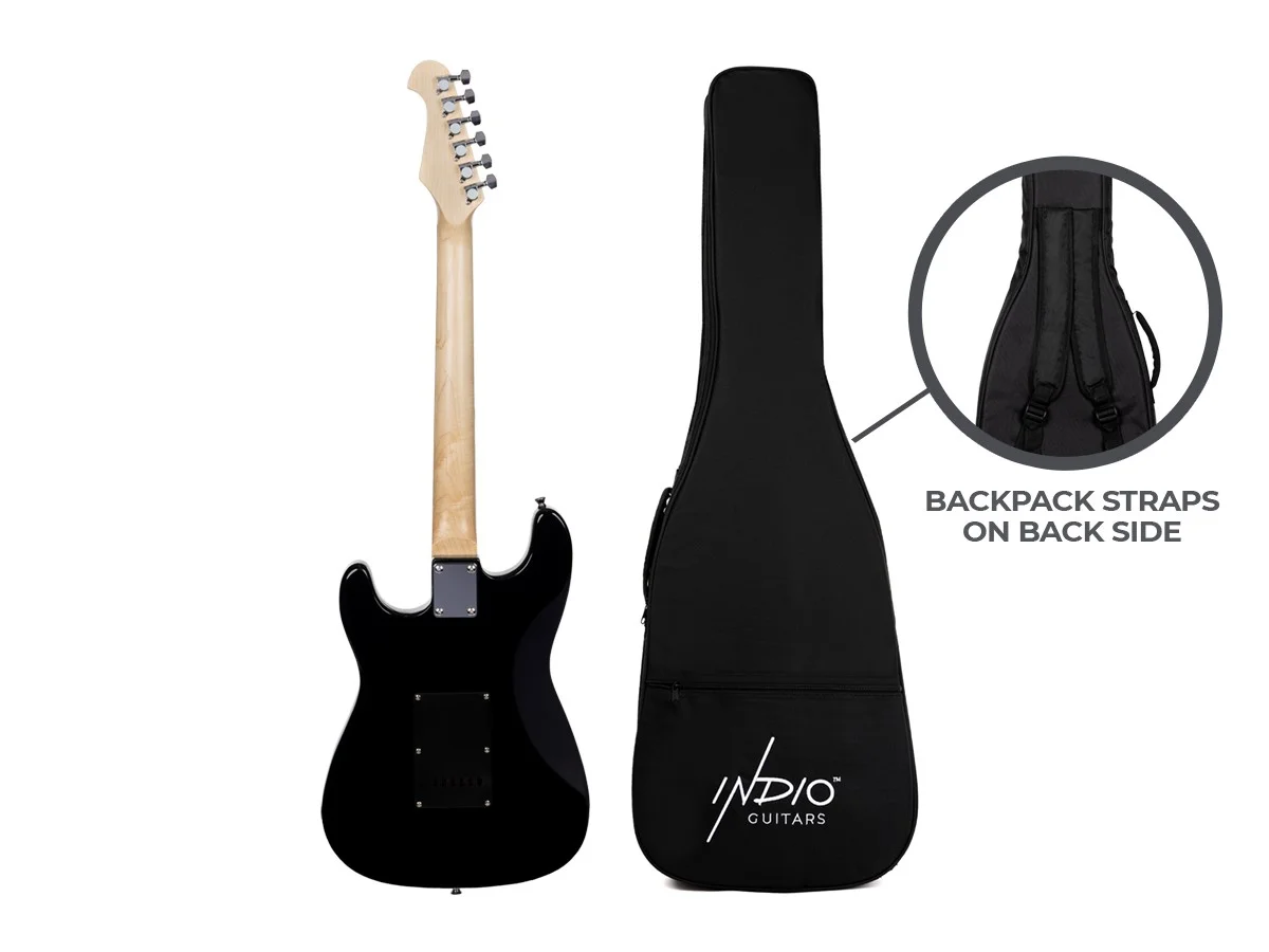 Monoprice Cali Classic HSS Electric Guitar with Gig Bag - Sunburst Body, Black Pickguard, Rosewood Fingerboard - Indio Series