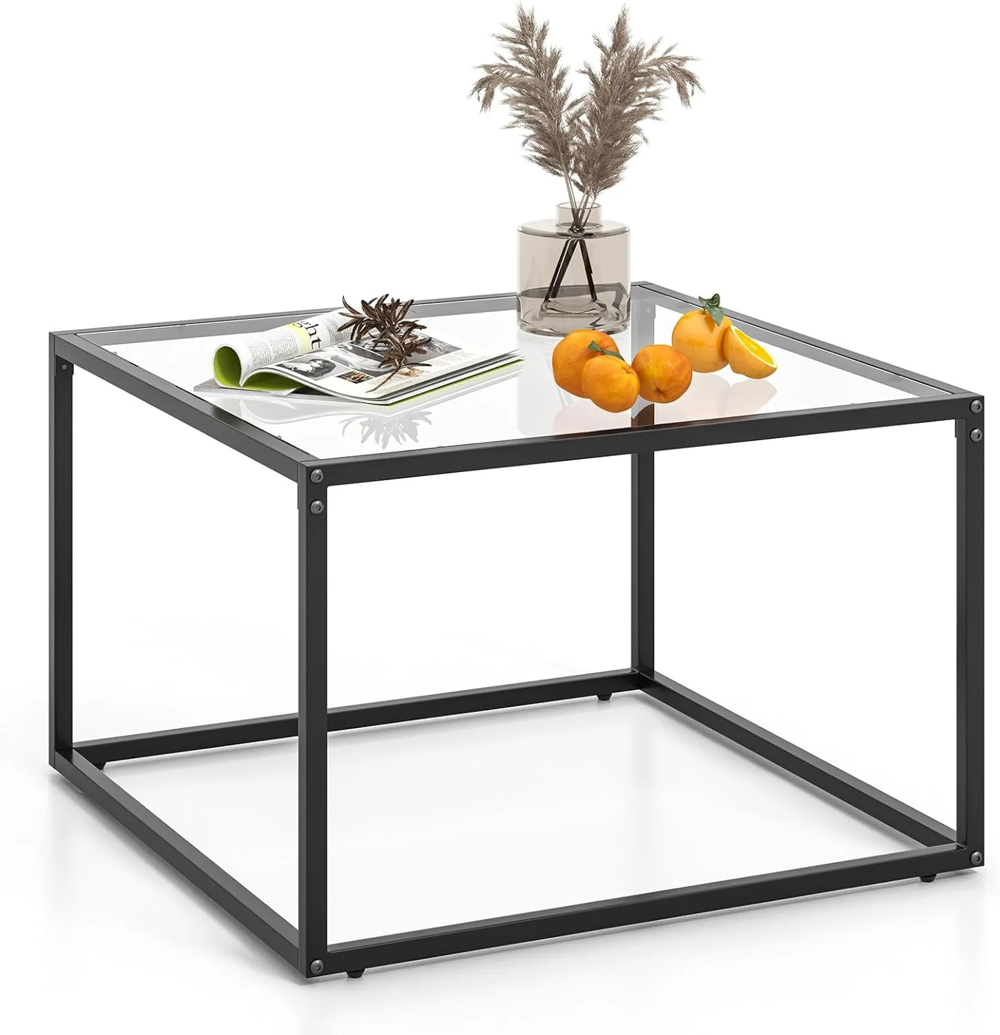 Glass Coffee Table, 27.5” Square Glass Top Accent Table with Metal Frame, Modern Center Tea Table for Living Room, Home, Office, Transparent