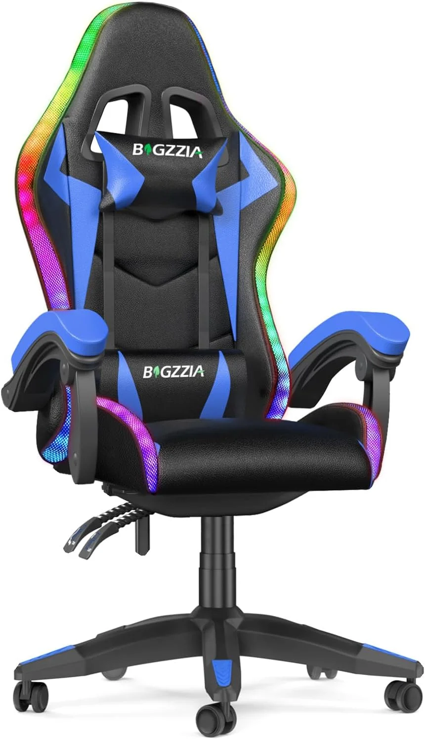 Bigzzia RGB Gaming Chair with LED Lights and Ergonomic Gaming Chair Reclining PU Leather High Back Game Chair with Headrest Adjustable Lumbar Support Linkage Armrest for Adults (Black/Blue)