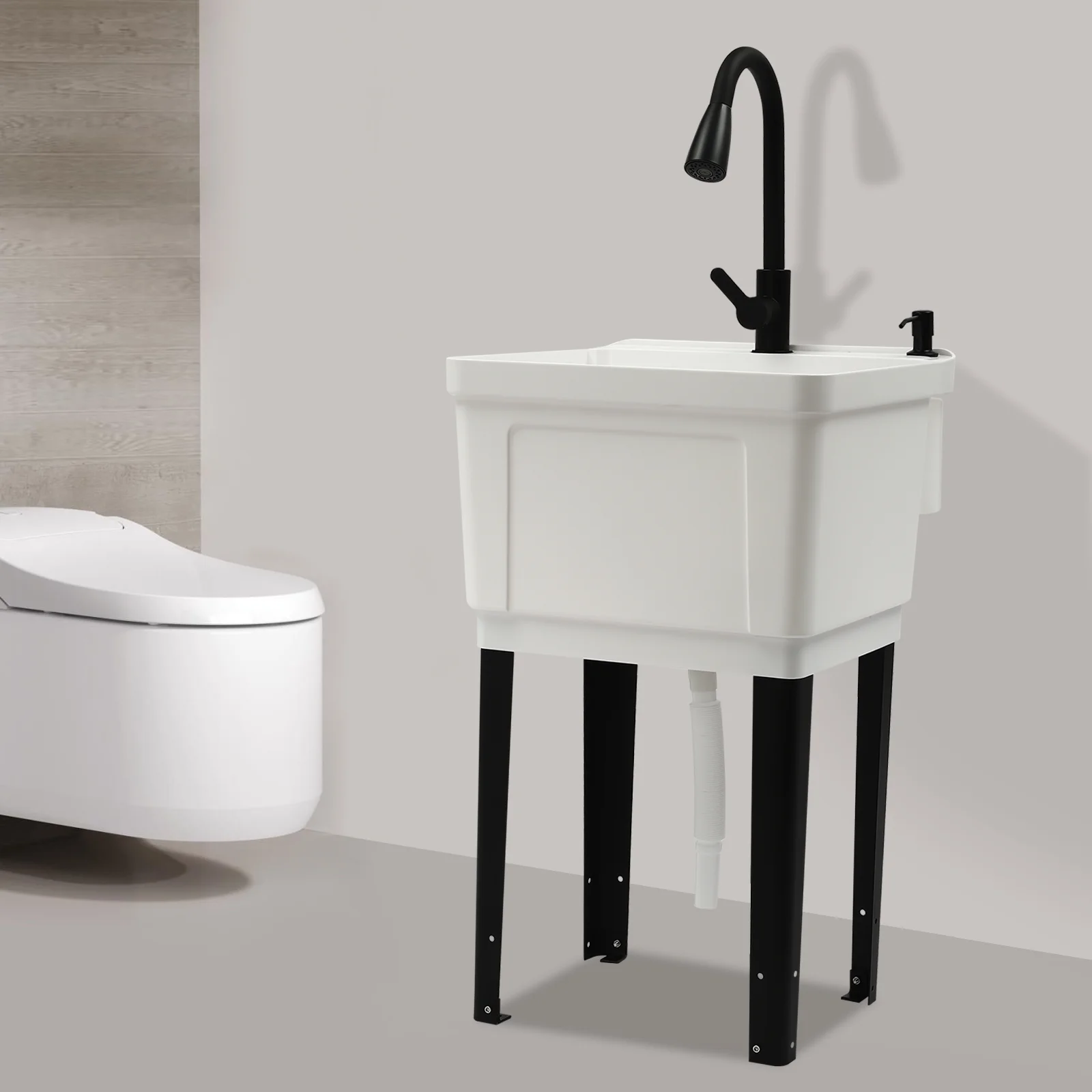 Laundry Sink With High Arc Stainless Steel Pull Down Faucet, Freestanding Space Saving Laundry Tub, Freestanding Wash Station