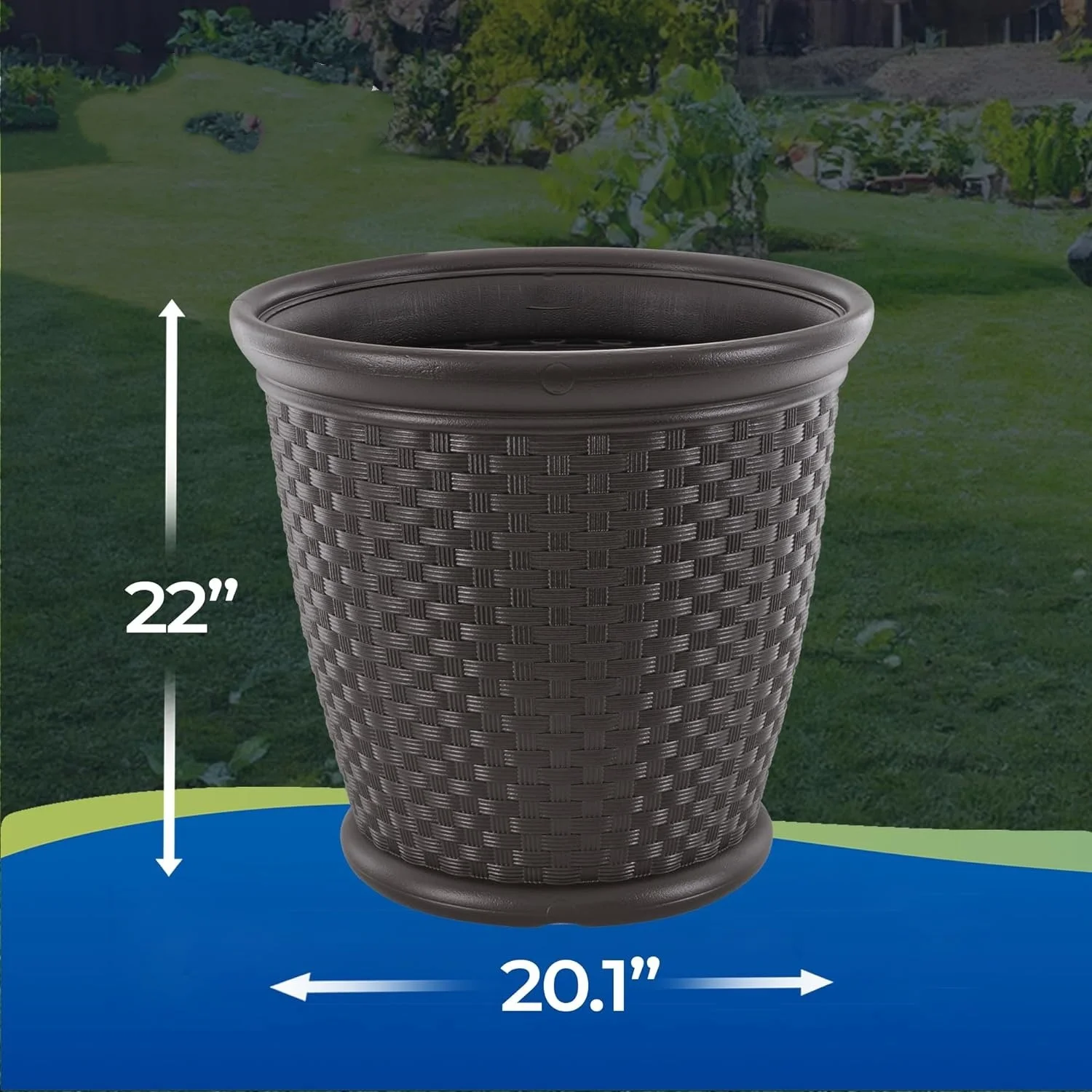 Sonora 22 Inch Plastic Wicker Indoor or Outdoor Decorative Garden Flower Planter for Entryways, Porch, and Backyard Patios, Dark Brown