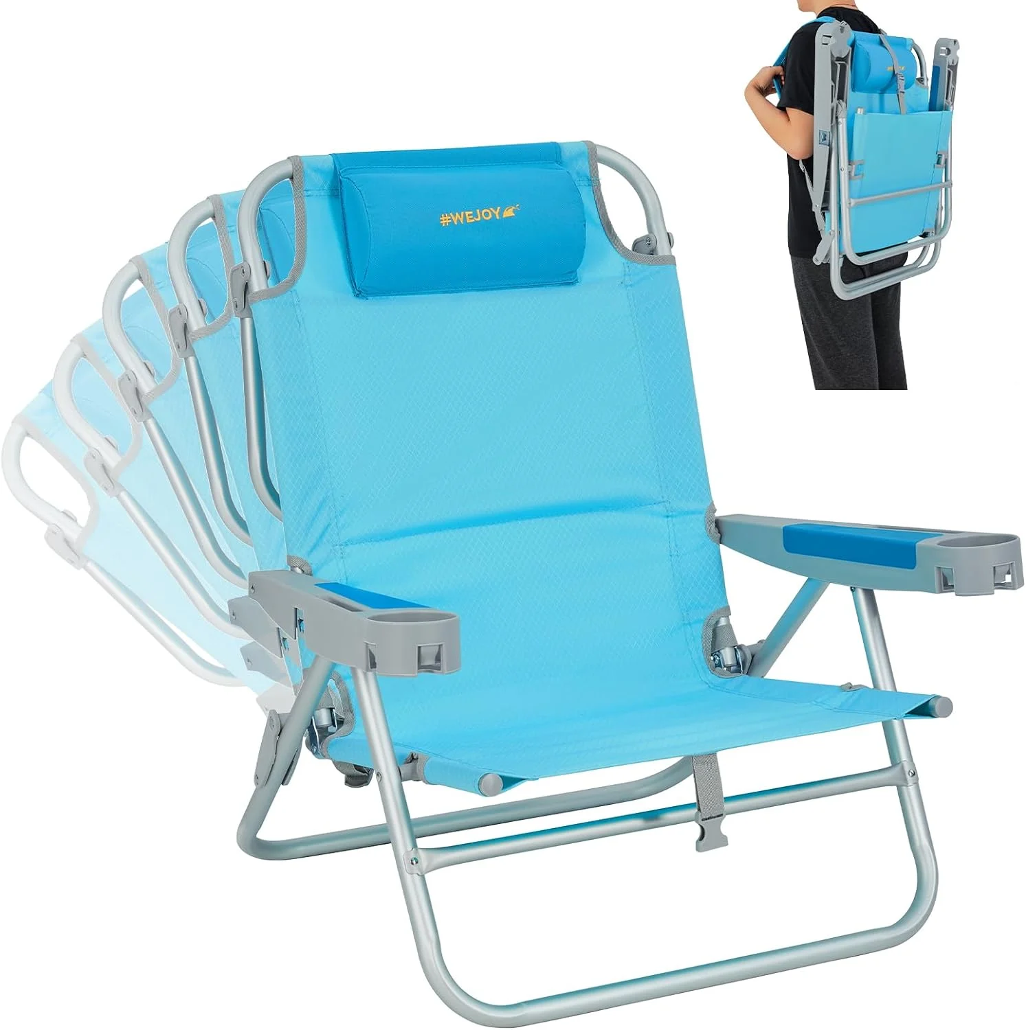 17 in Oversized Beach Chair, 5 Adjustable Reclining Folding Backpack Beach Chairs for Adult, High Back Seat Chair with Bottle Opener,Handle Strap,Phone&Cup Holder for Camping Sand,300 Lbs