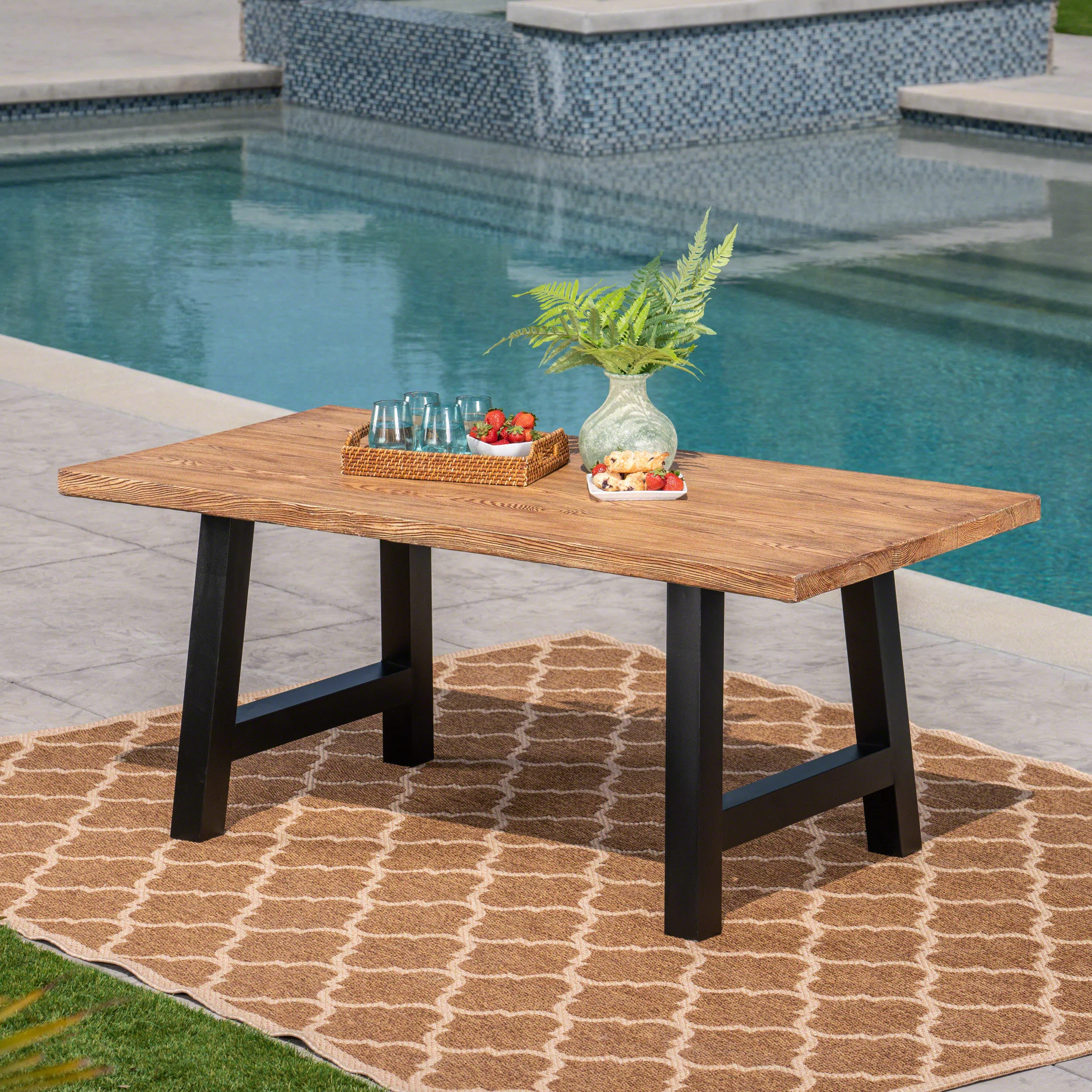 GDF Studio Hammond Outdoor Lightweight Concrete Rectangular Dining Table Natural Oak and Black, 6 Person
