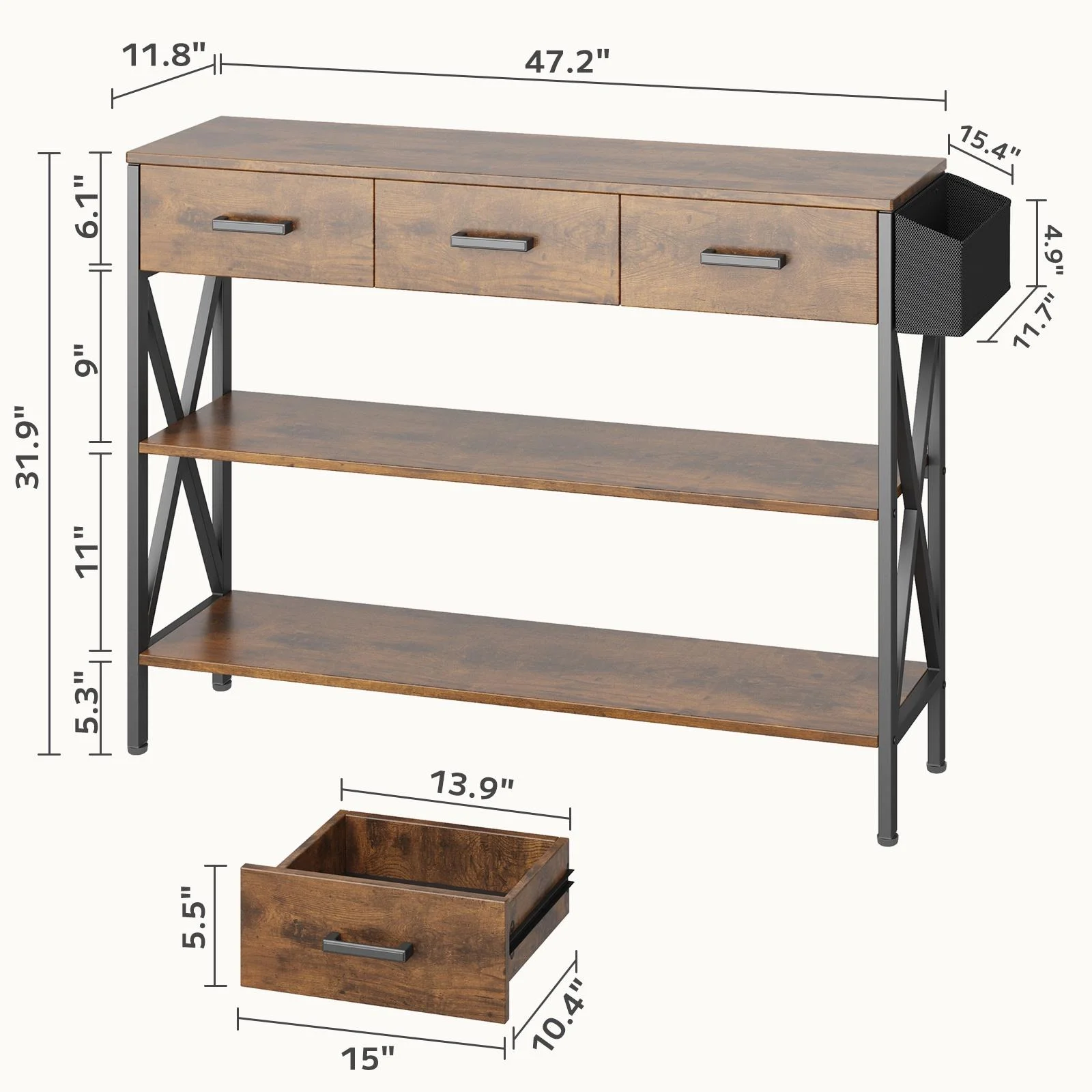 Asofer Modern 3-Tier Console Table, 3 Drawers and Open Space, Narrow Long Sofa Entryway Table for Living Room, Hallway