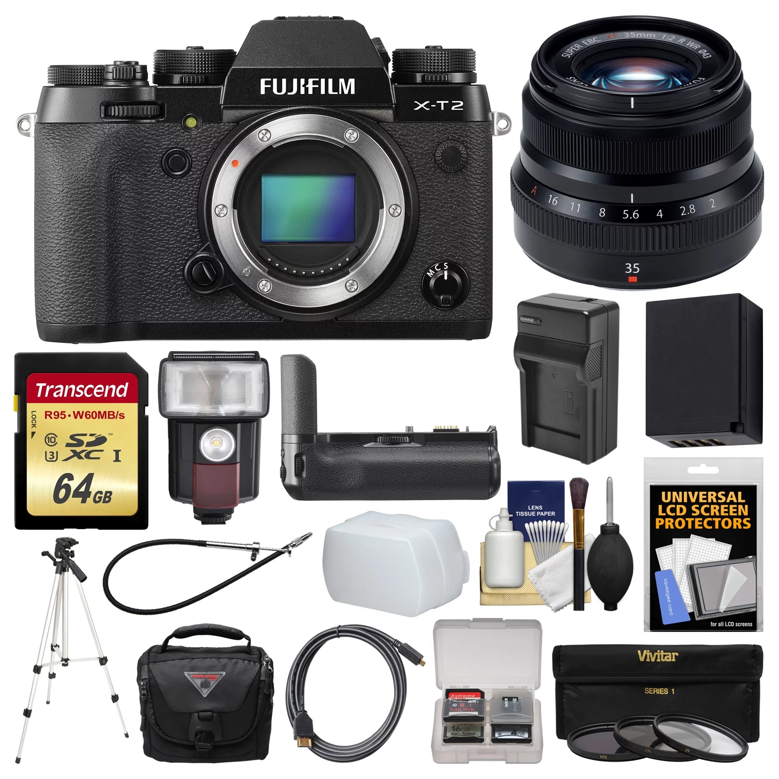 Fujifilm X-T2 4K Wi-Fi Digital Camera Body with 35mm f/2.0 XF R WR Lens & VPB-XT2 Grip + 64GB Card + Case + Flash + Battery + Tripod Kit