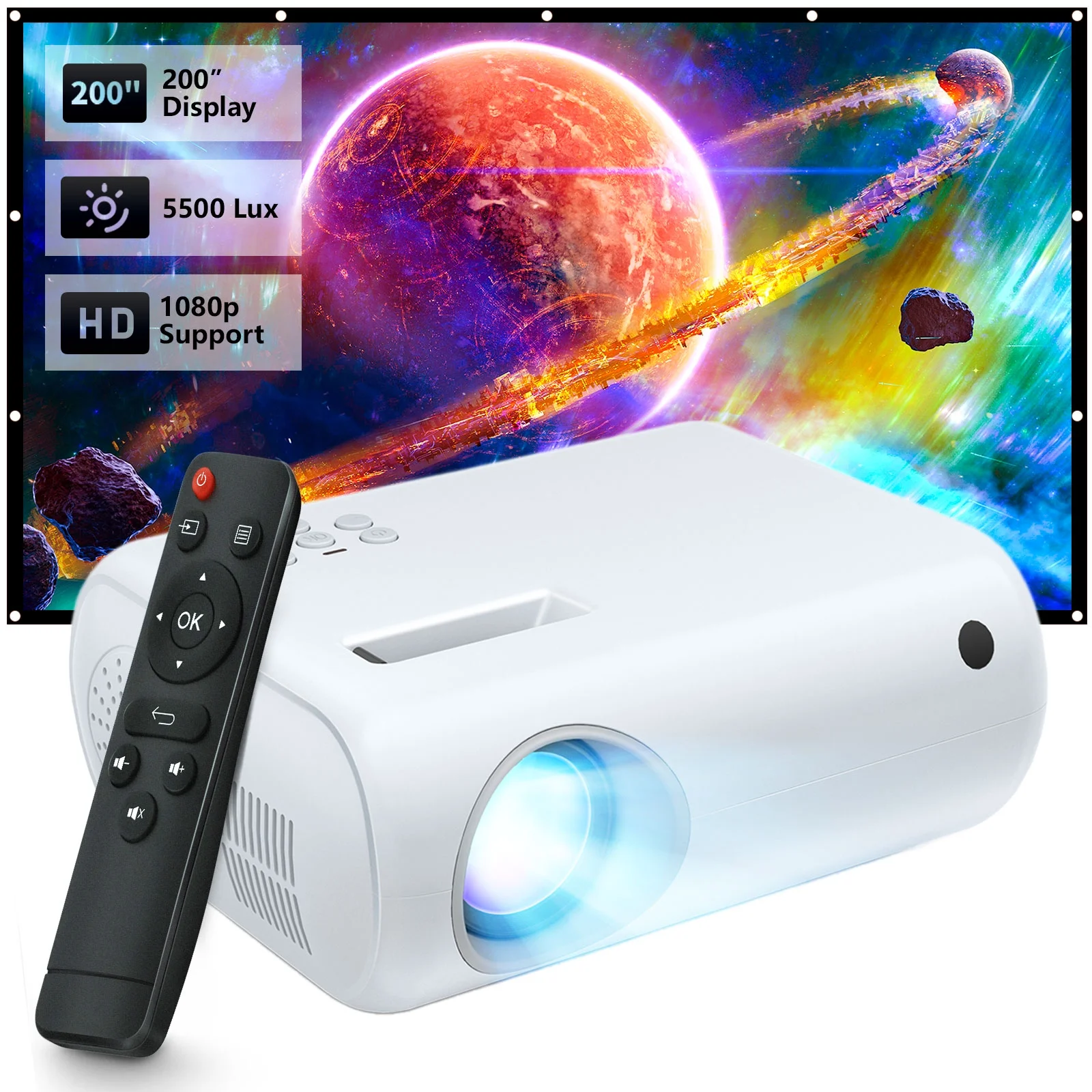 ELEPHAS Mini Home Movie Projector White Portable Outdoor Projector with 6500 Lux and Full HD 1080P