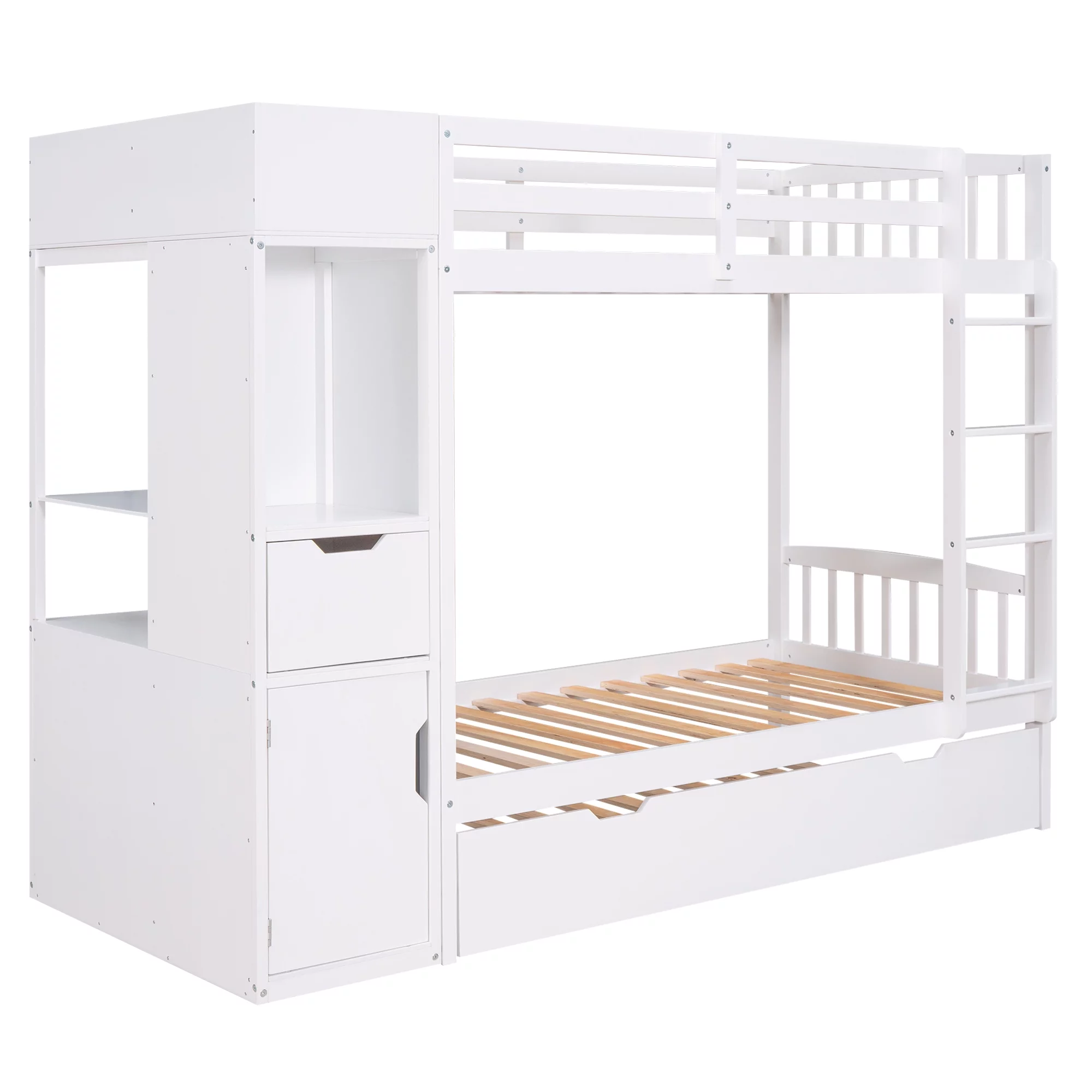 Twin over Twin Bunk Bed with Trundle and Multi-functional Locker, White