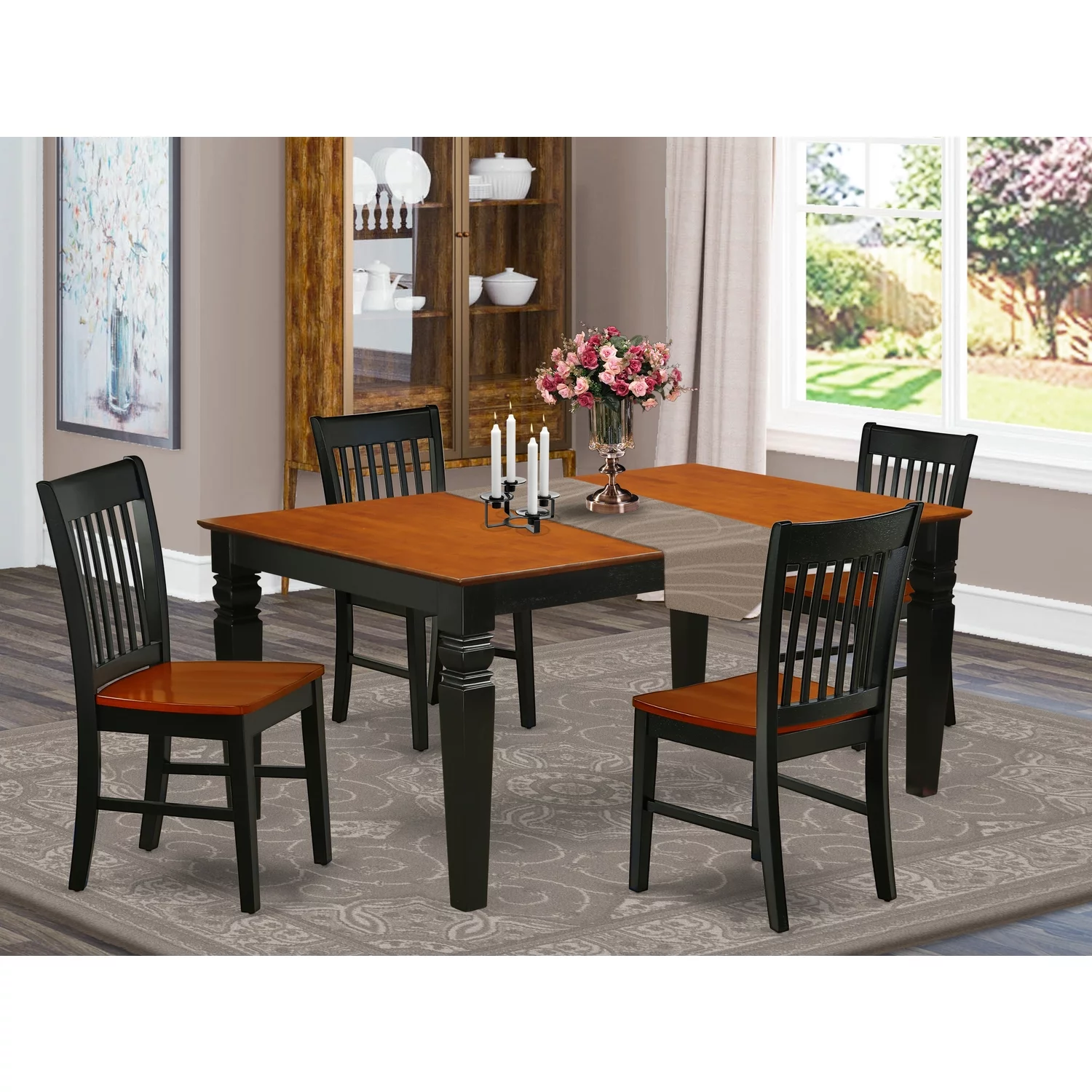 East West Furniture Weston 5-piece Dining Set with Wood Seat in Black/Cherry