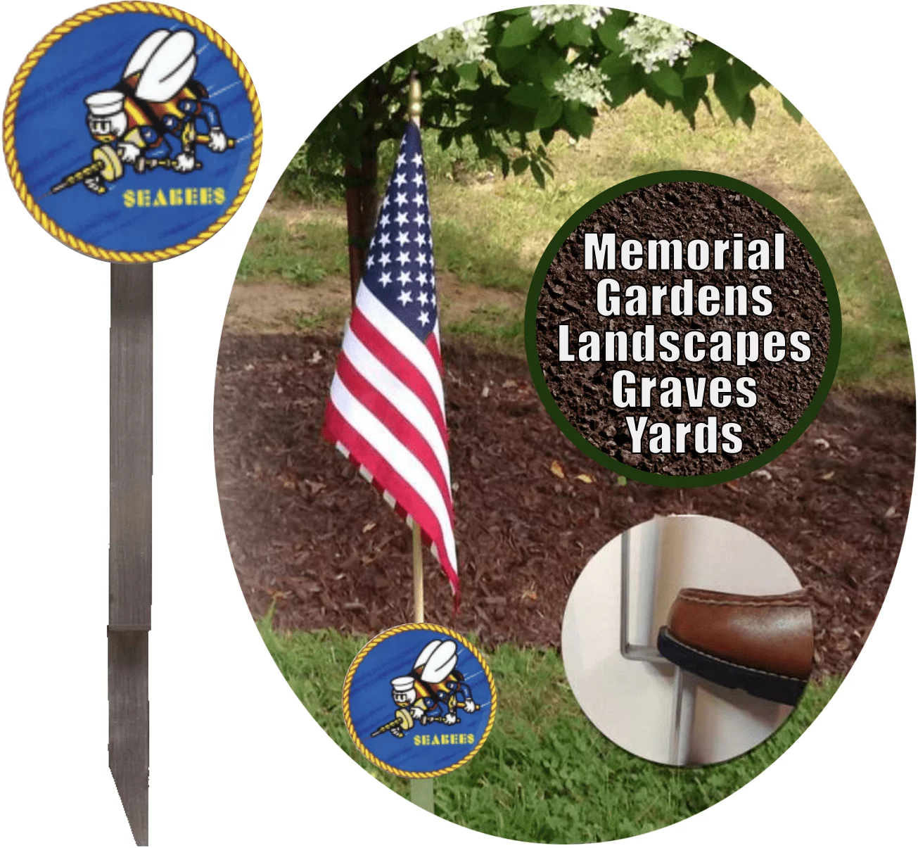 U.S. Navy Seabees Flag Holder Grave Marker with 8x12 American Flag