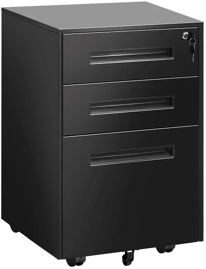 SUNCROWN 3 Drawer Lateral Metal File Cabinet with Lock Rolling Vertical File Organizer for Letter Size, Black