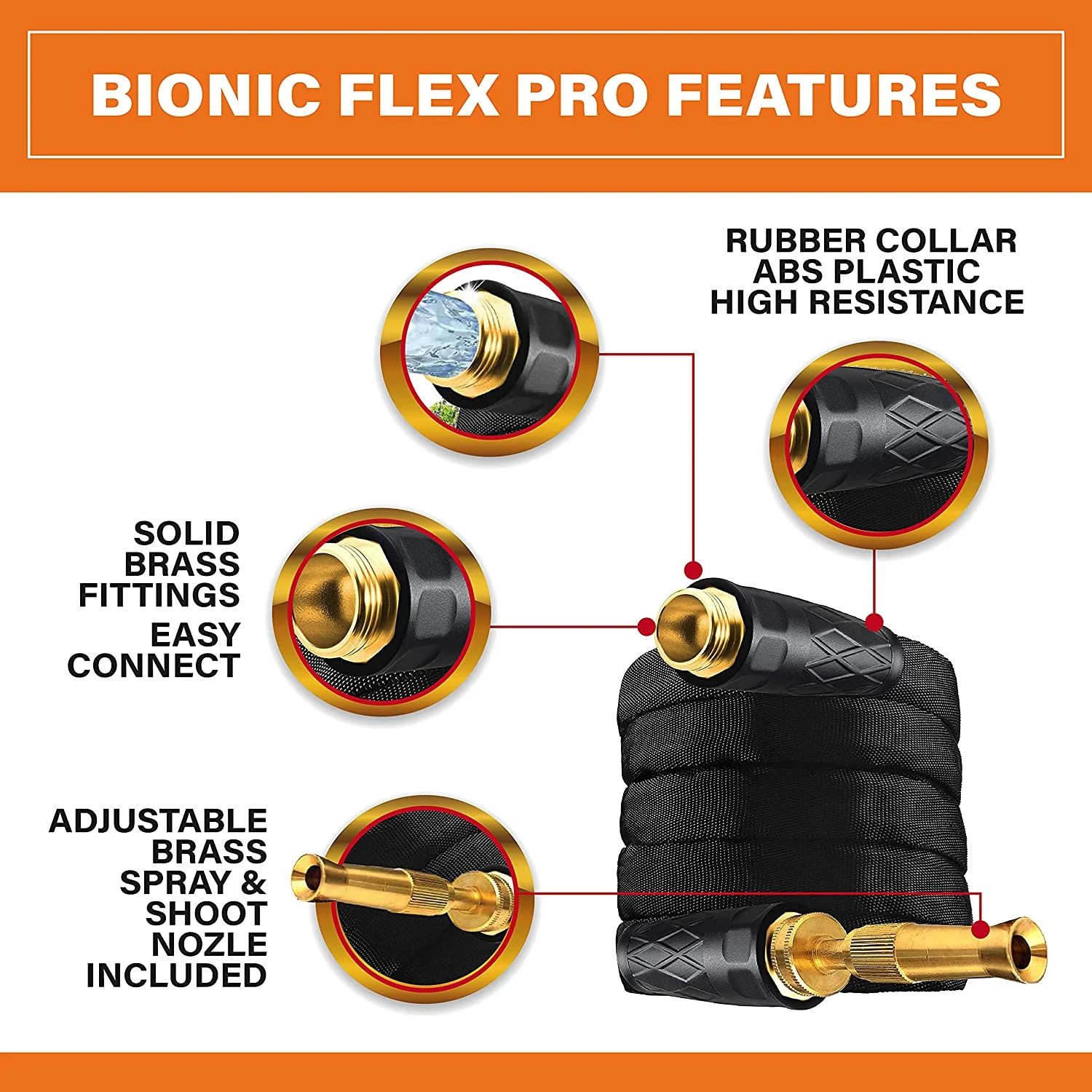 Bionic Flex Pro 25’ Garden Hose Heavy Duty, Lightweight Weatherproof Garden Water Hose, Brass Fittings, Adjustable Brass Spraying and Shooting Nozzle, Kink Free Hose, 500 PSI Tear Resistant- 25ft.