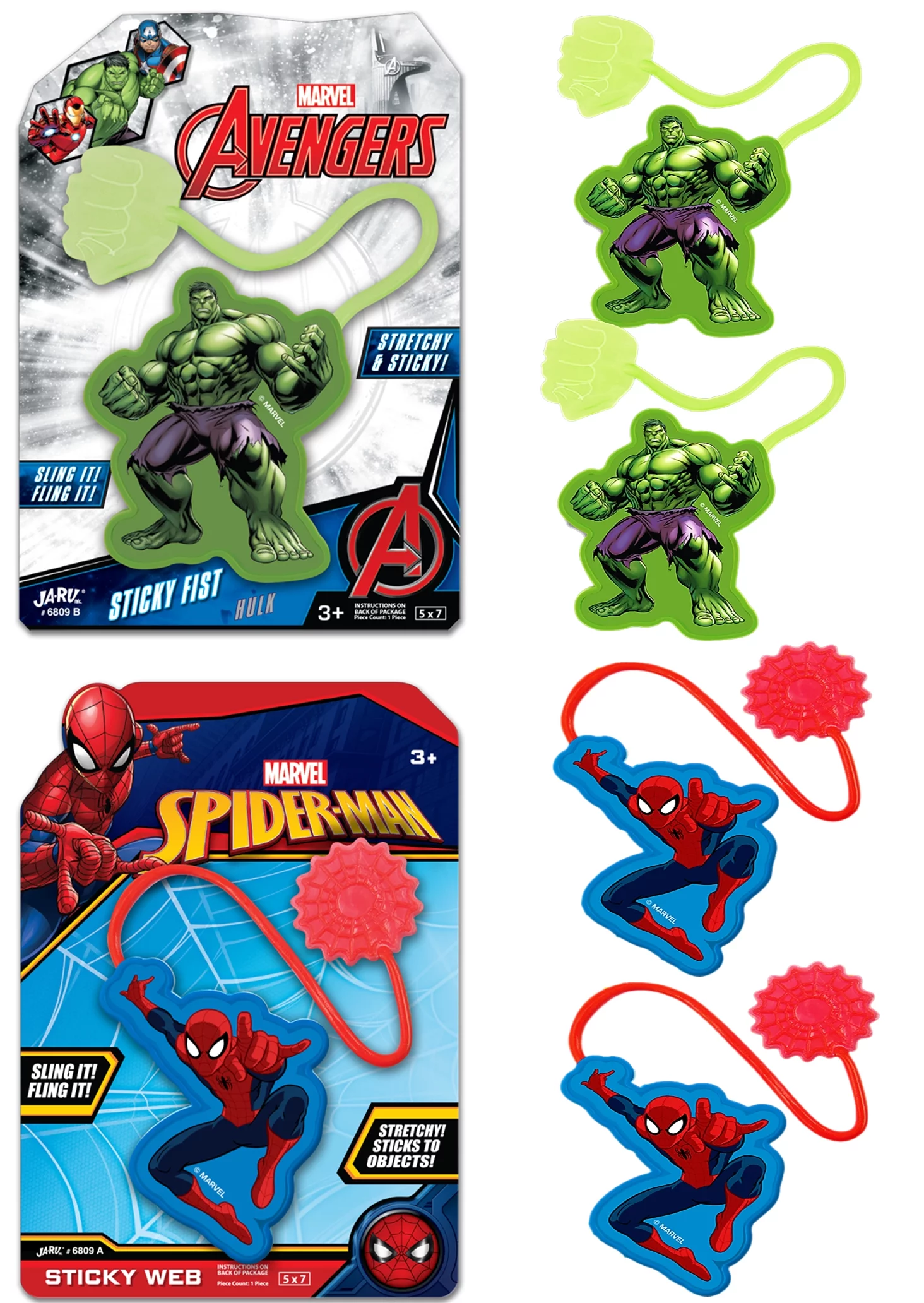 Marvel Spiderman & Hulk Superheroes Sticky Hands Stretchy Snap Toys (4 Packs Assorted) Kids Age 3 and up, Plus Funaton Sticker | W-AB-6809-4