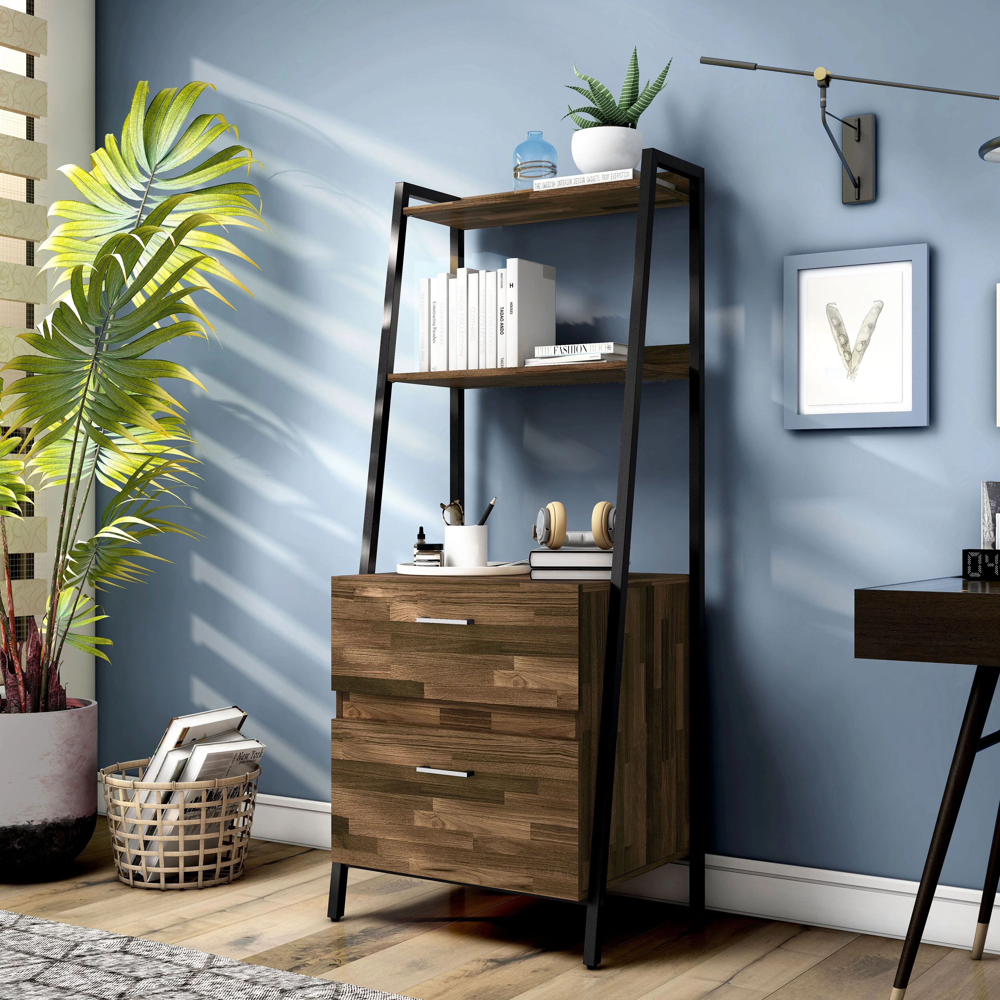 Denhour DH BASIC Contemporary Iron 2-Drawer Bookshelf with File Cabinet by  Light Hickory