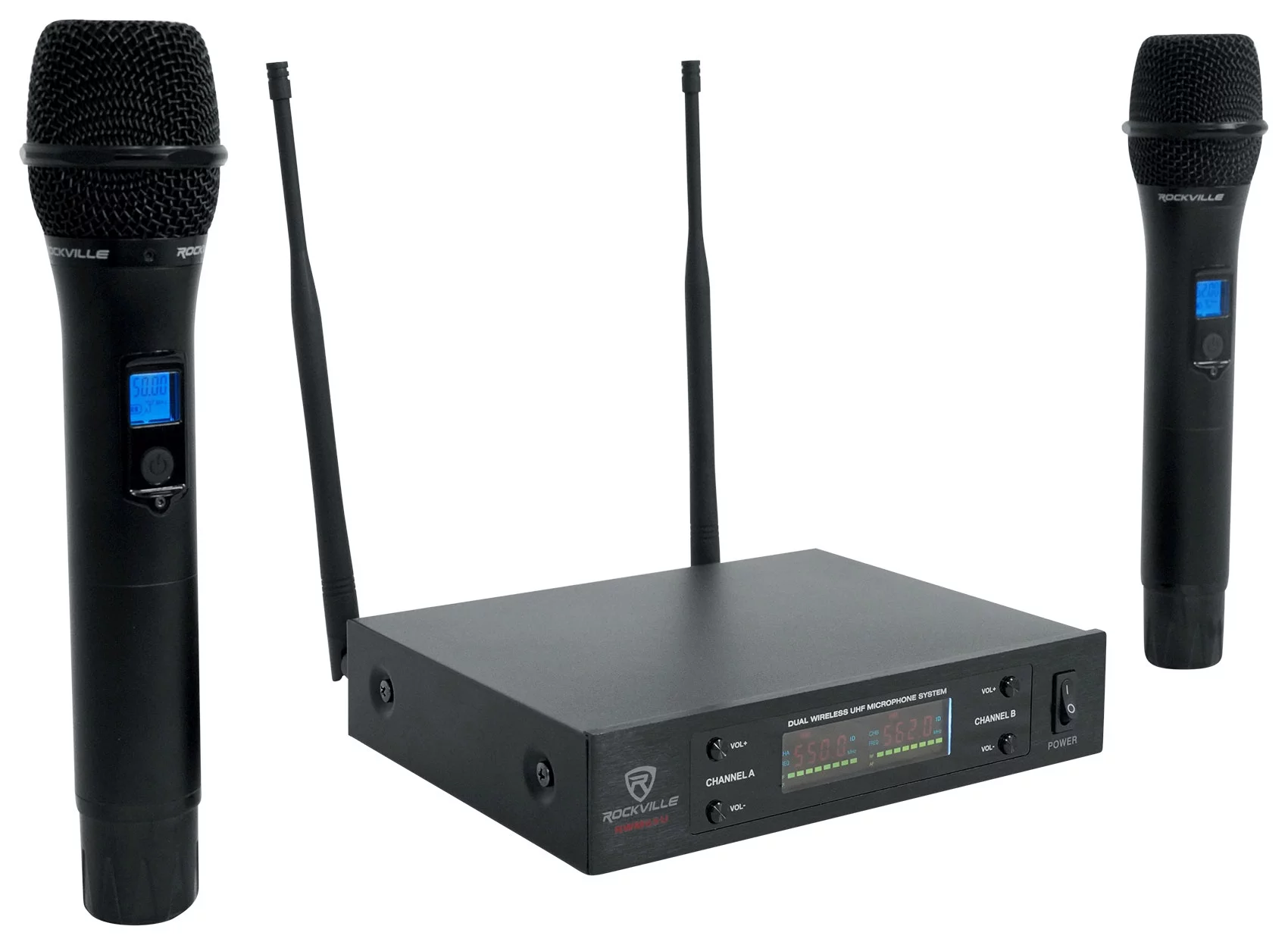Rockville RWM65U Dual UHF 15 Channel Metal Handheld Wireless Microphone System