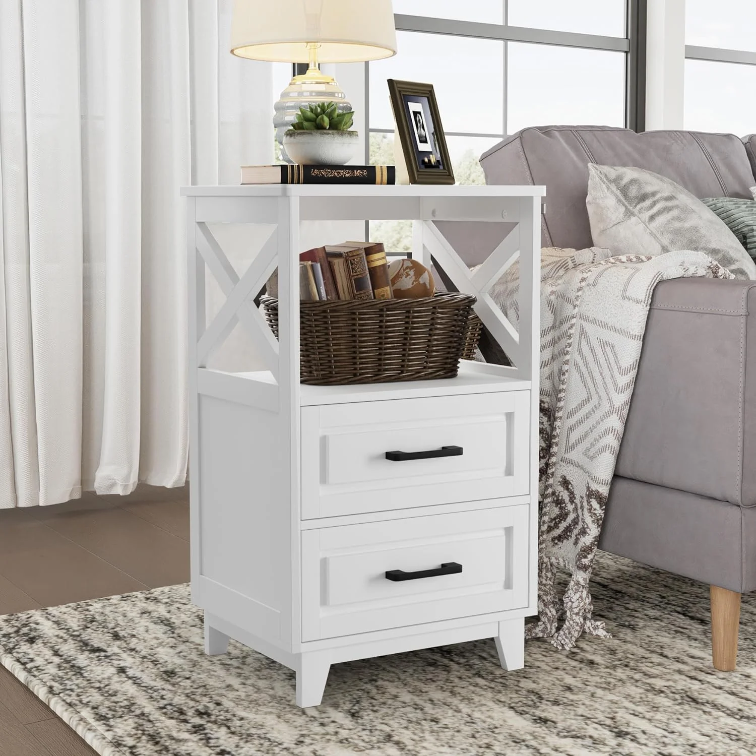 Superjoe Modern Nightstand X-Design Wood End Table with 2 Drawers and Storage Shelf, White