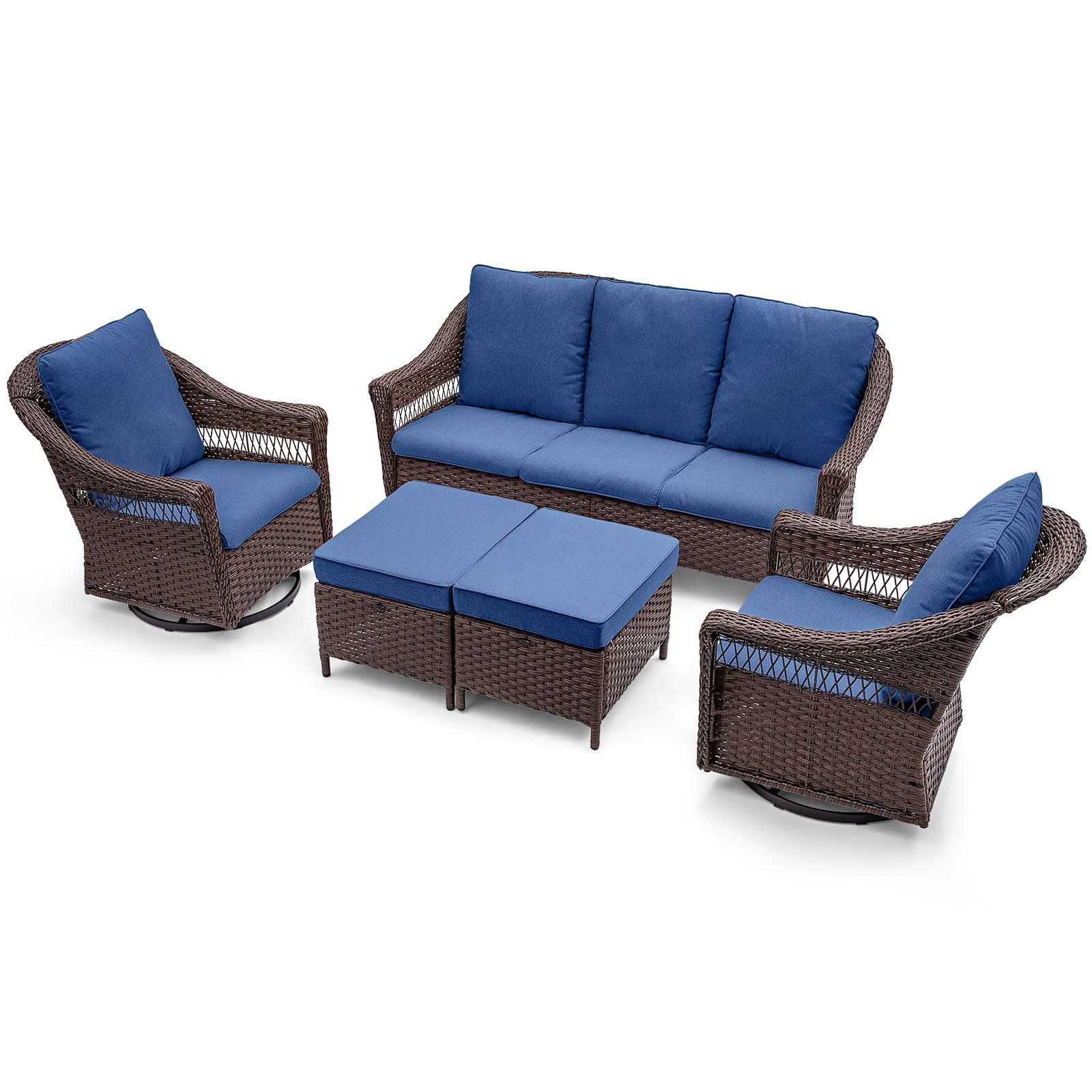 Buenhomino 5 Pieces Patio Furniture Sets, Wicker Rattan 3-Seat Sofa + 2pcs Swivel Rocker Chairs + 2pcs Assembled Ottomans with Removable Cushions, Outdoor Patio Conversation Sets, Navy