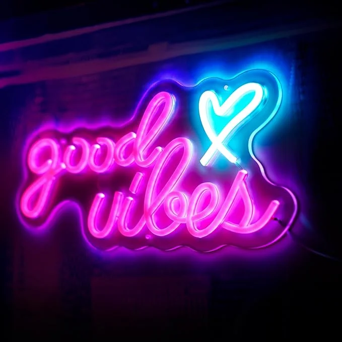 Pink Good Vibes Neon Signs for Wall Decor, Blue Love LED Neon Lignt Powered by USB Suitable for Bedroom, Wall LED Signs Decoration,16.1