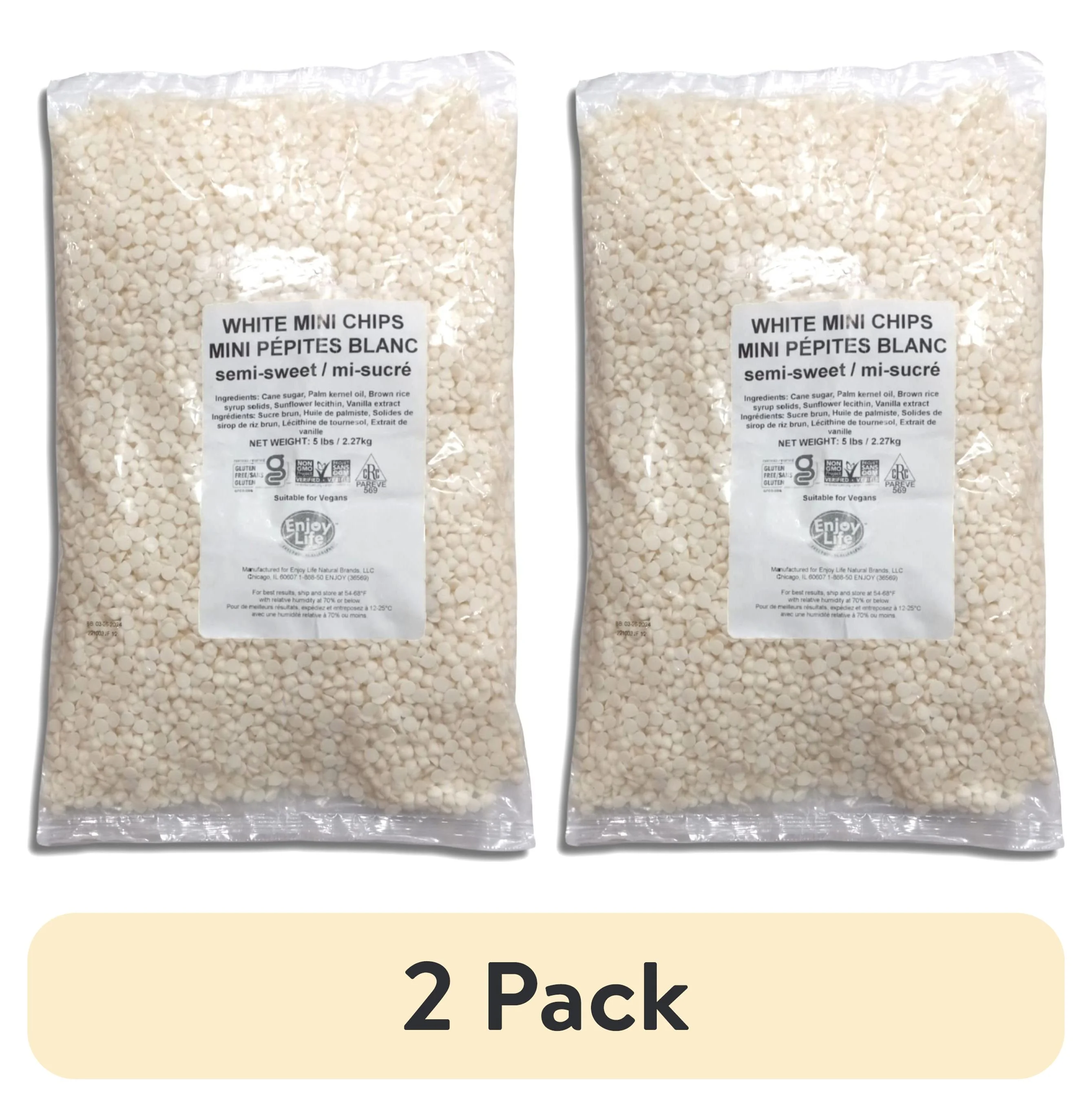 (2 pack) Semi-Sweet White Chocolate Mini Baking Chips | Allergy Friendly, Dairy Free, Vegan | 5 Pound Bulk Bag