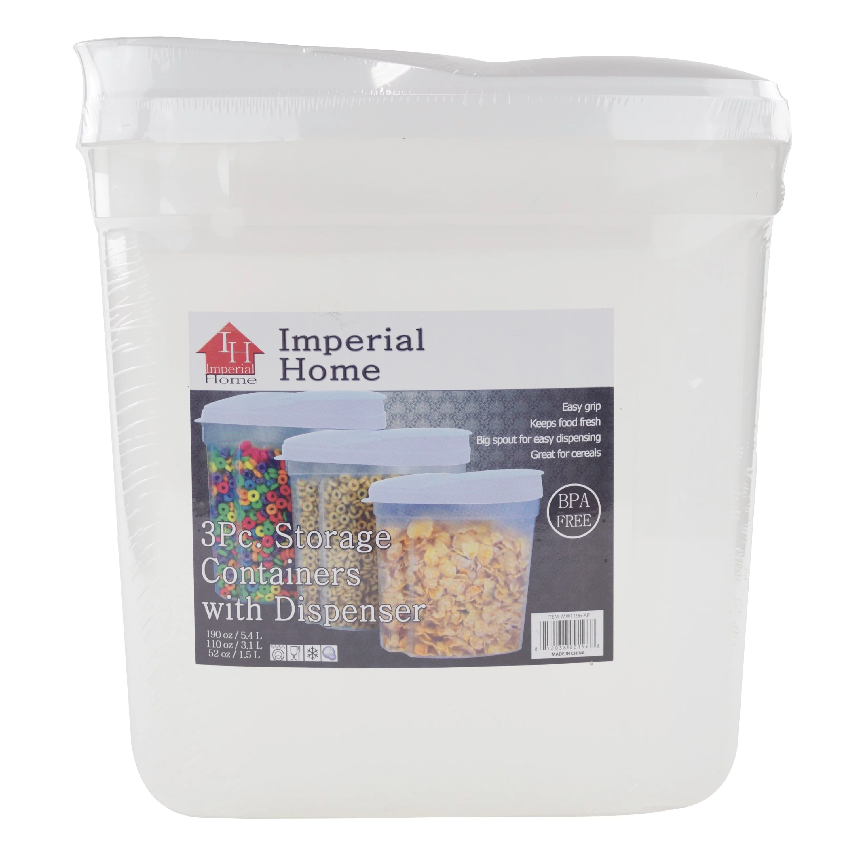 Plastic 3 Piece Cereal Dispenser Set - Dry Food Storage Containers (Red Lids)