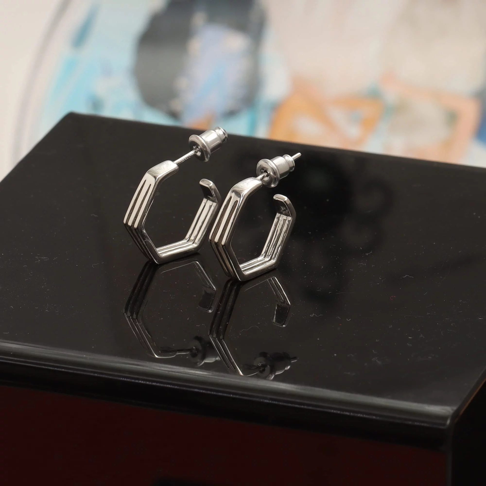 LeCalla 925 Sterling Silver Triple Geometric Post Split Huggie Half C Hoop Earrings for Women Teen 20MM