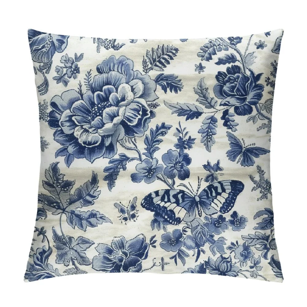 Awypu Blue and White Porcelain Floral Pillow Covers Modern Vintage Chinoiserie Decorative Throw Pillow Covers Soft Elegant Couch Cushion Cover for Bed Living Room Outdoor Sofa,18 x 18 Inch