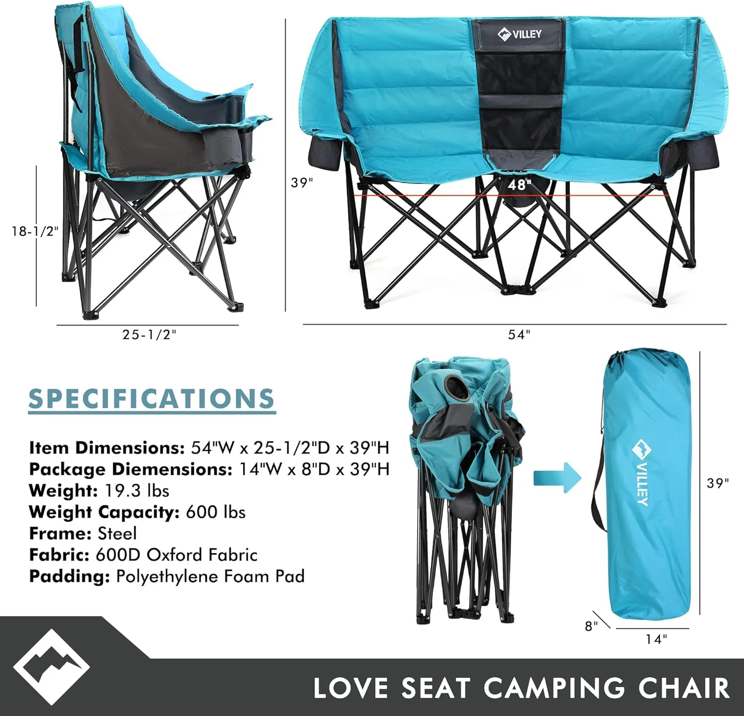 HYUN Double Camping Chair w/Cooler Bag, Extra Wide Loveseat, Heavy Duty Padded Camping Couch, Portable Folding Chair w/Carry Bag Steel Frame Cup Holders for Camp Lawn Picnic Sports, Support 600LBS