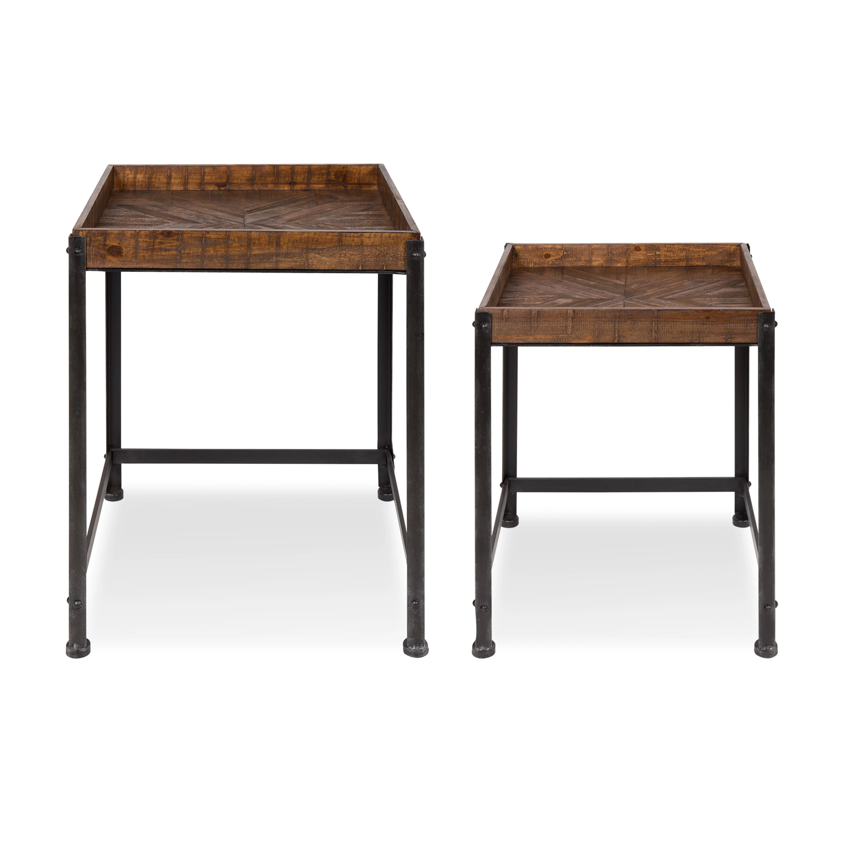 Kate and Laurel - Marsh 2-Piece Rustic-Modern Side Accent End Tables with Pieced Quilted Star Pattern Designed Wooden Tray Top and Distressed Black Metal Base