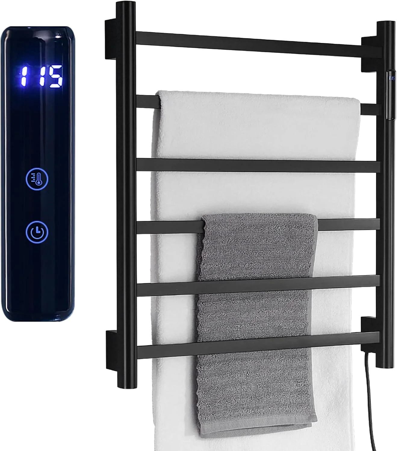 HAOFEI Towel Warmer with Built-in Timer and Temperature LED Indicator Bathroom Wall Mounted Plug-in Electric Towel Heated Rack, Matte Black