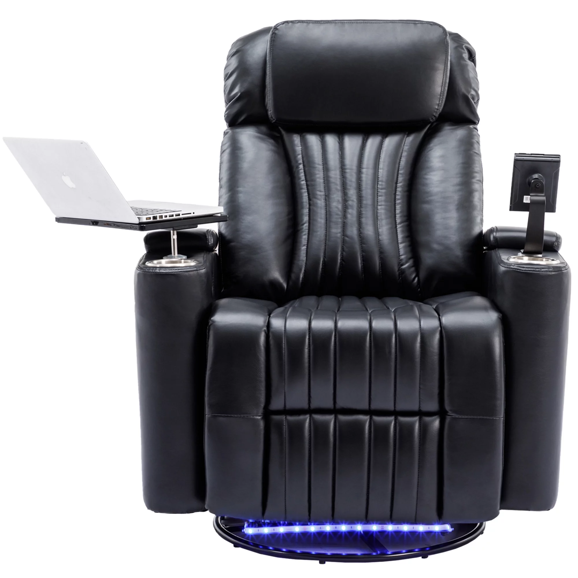 CoSoTower 270° Power Swivel Recliner, Home Theater Seating with Hidden Arm Storage and LED Light Strip, Cup Holder, 360° Swivel Tray Table, and Cell Phone Holder, Soft Living Room Chair, Black